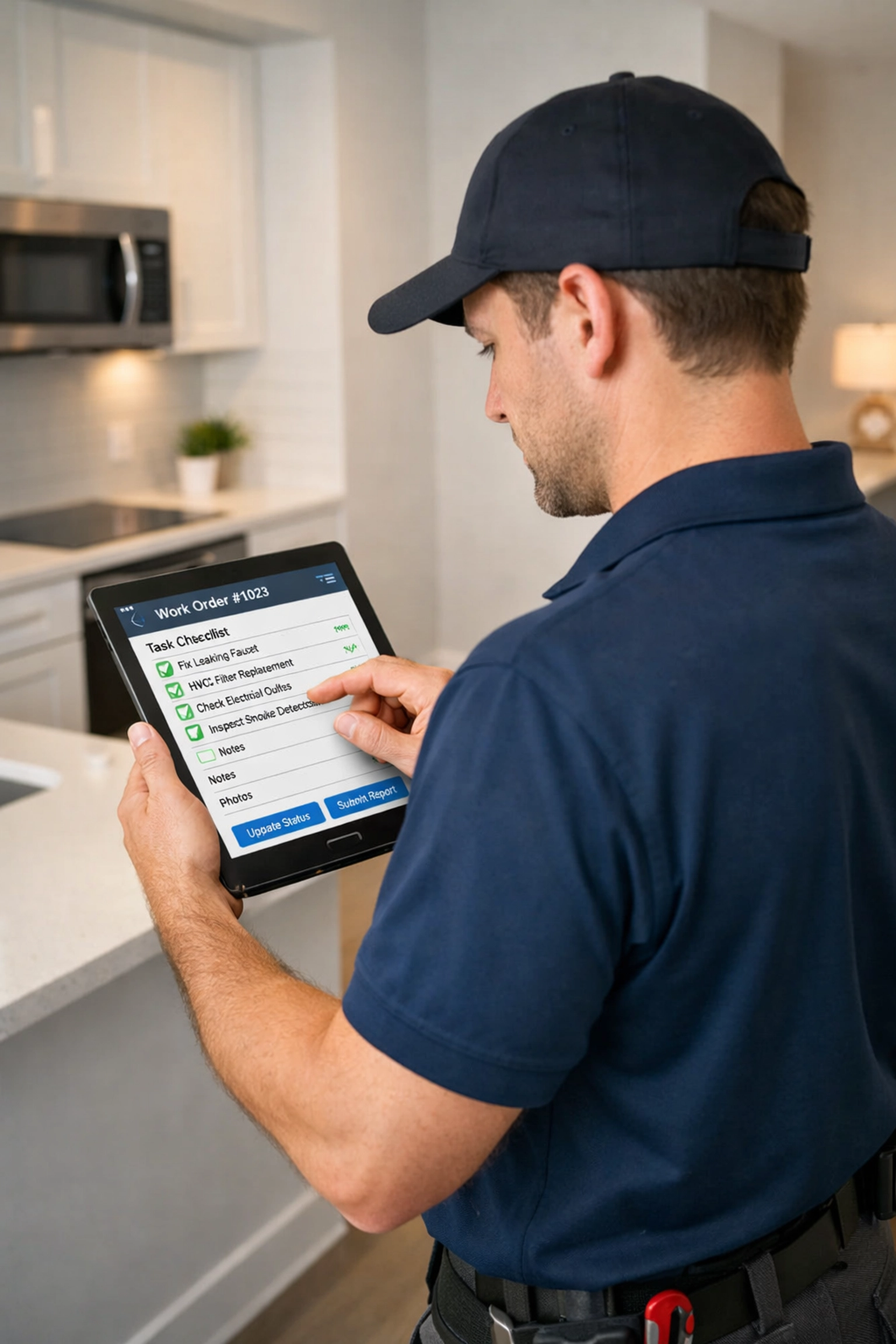 Maintenance technician using digital work order software on tablet for apartment make-ready tasks