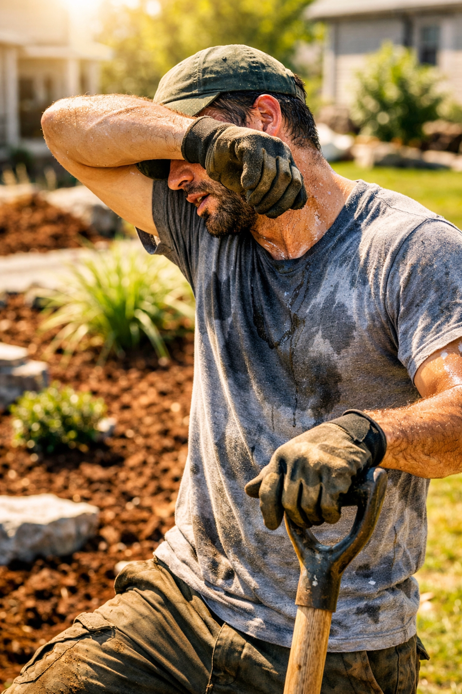 Landscaper wiping sweat in soaked cotton shirt during outdoor yard work on hot summer day