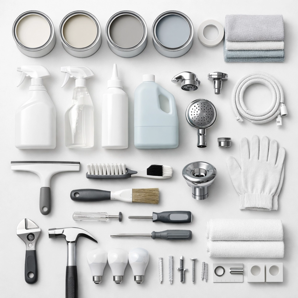 Organized apartment turnover supplies including paint, cleaning products, and tools