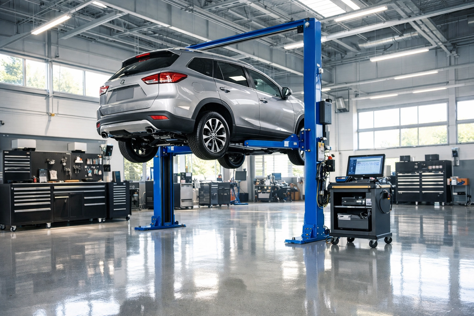 A clean, modern service bay for engine diagnostics and auto repair in Bonne Terre, MO with a car on a lift.