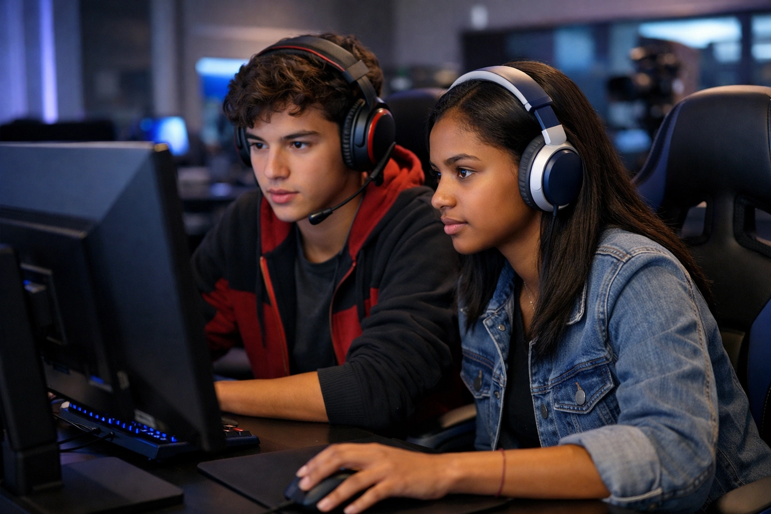 High school students in an esports media lab demonstrating education through simulation and brand sponsorship.