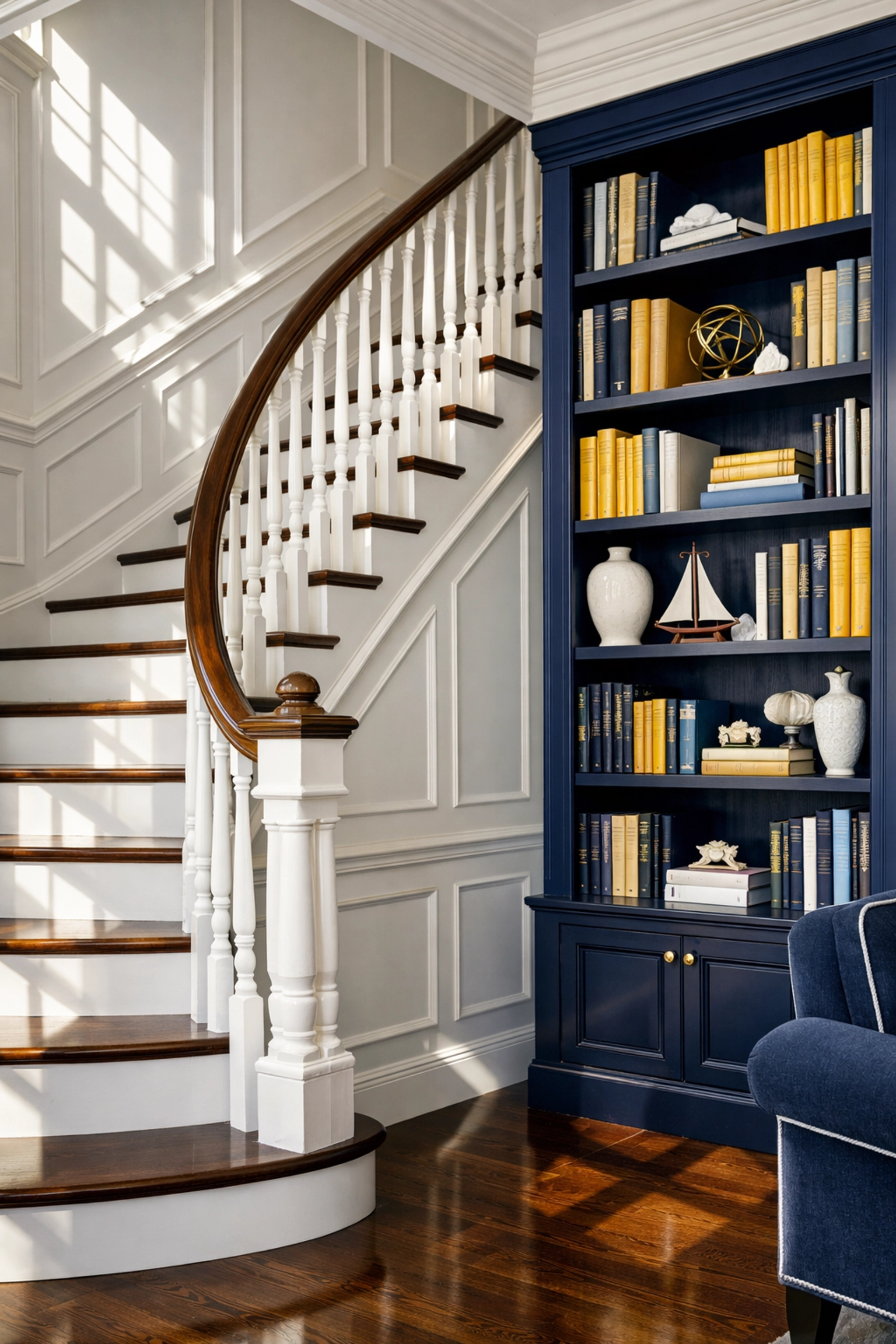 Dust-free library and grand staircase highlighting the detail of bi-weekly cleaning Cohasset services.