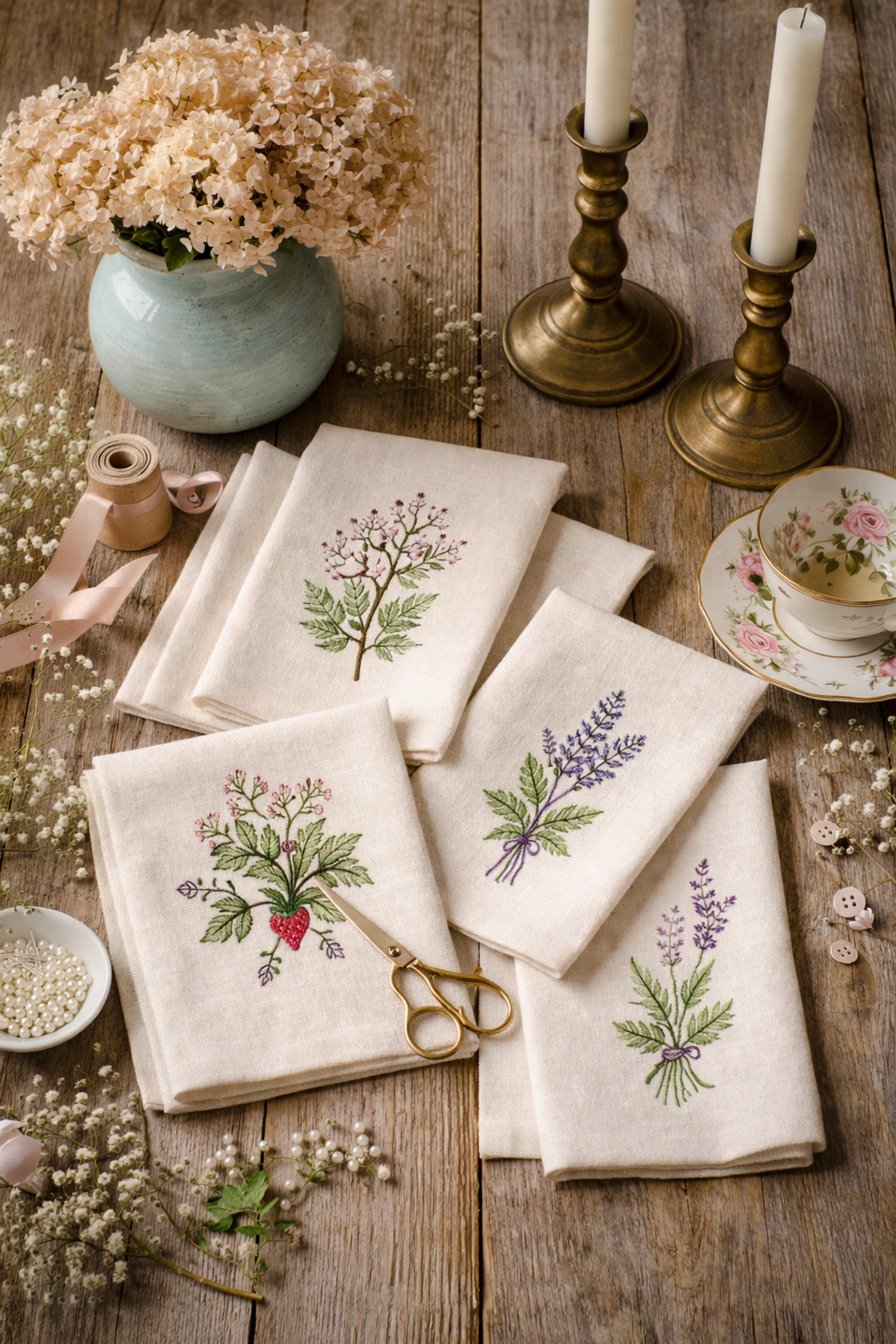 Flat-lay of grandmillennial artisan gifts including embroidered napkins, a blue ceramic vase, brass candlesticks, and a floral teacup on a rustic table.