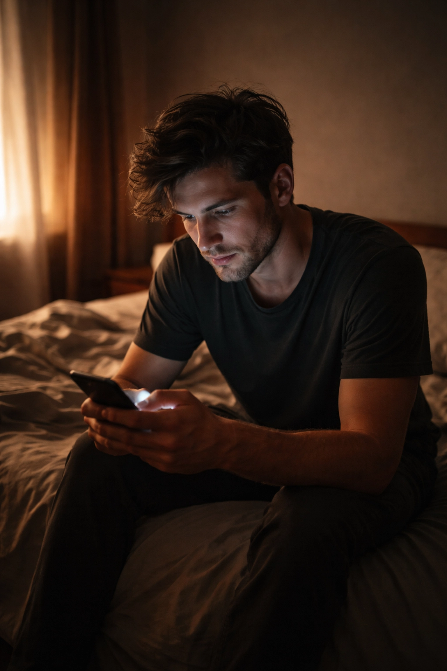 Fiatal férfi egyedül ül az ágyon, szomorúan nézi a telefonját, PIED és digitális függőség témában