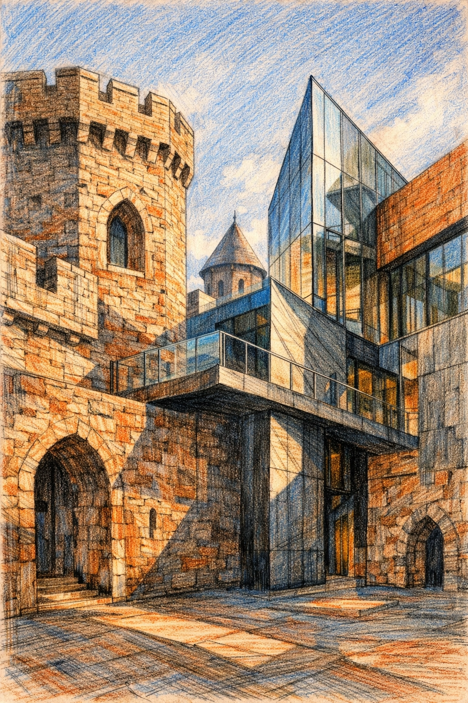 Hospitality architecture blending historic stone walls with sleek modern glass partitions.