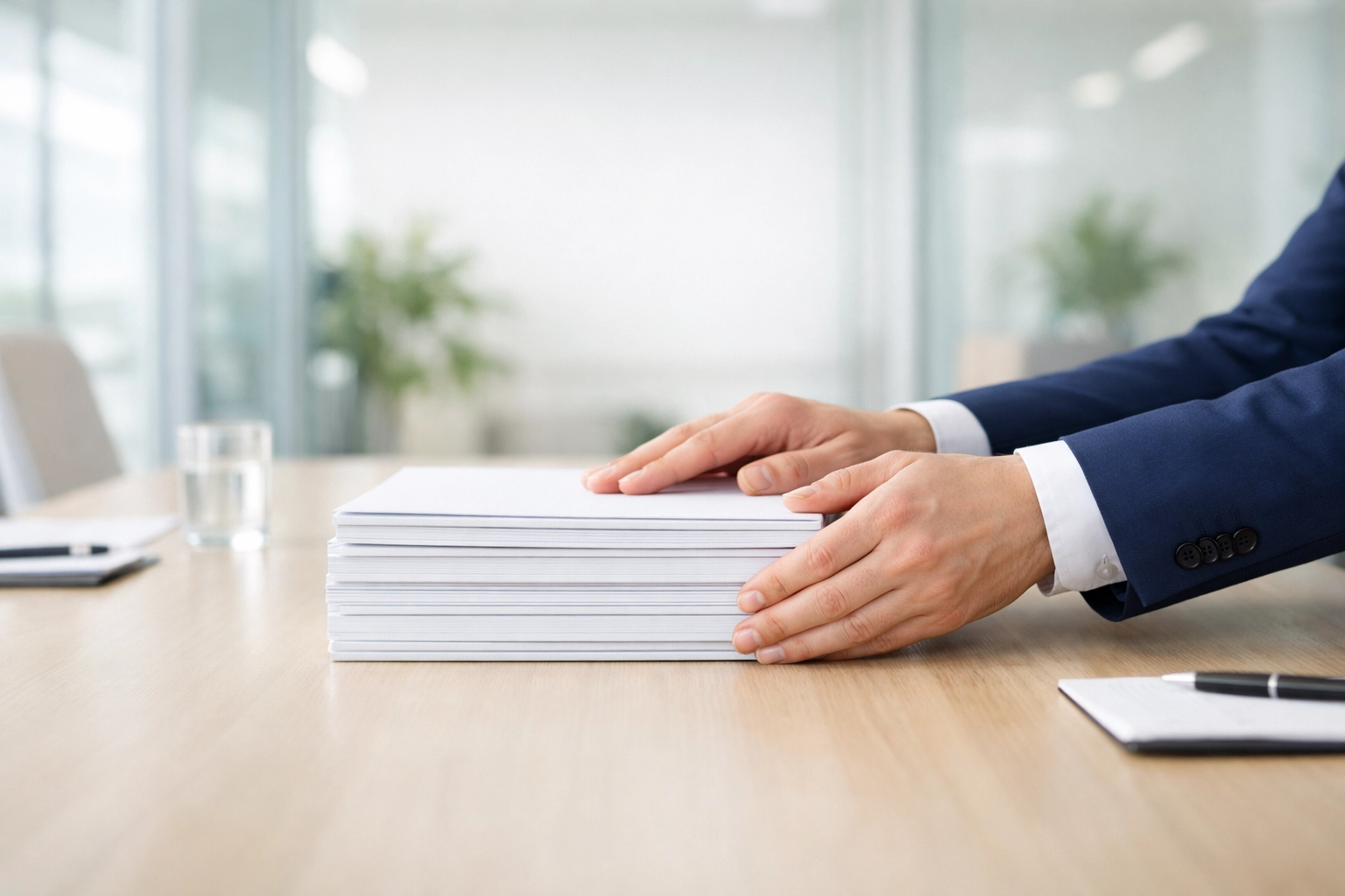 Organizing office documents on a conference table to prepare a Jackson professional services firm for a successful sale.