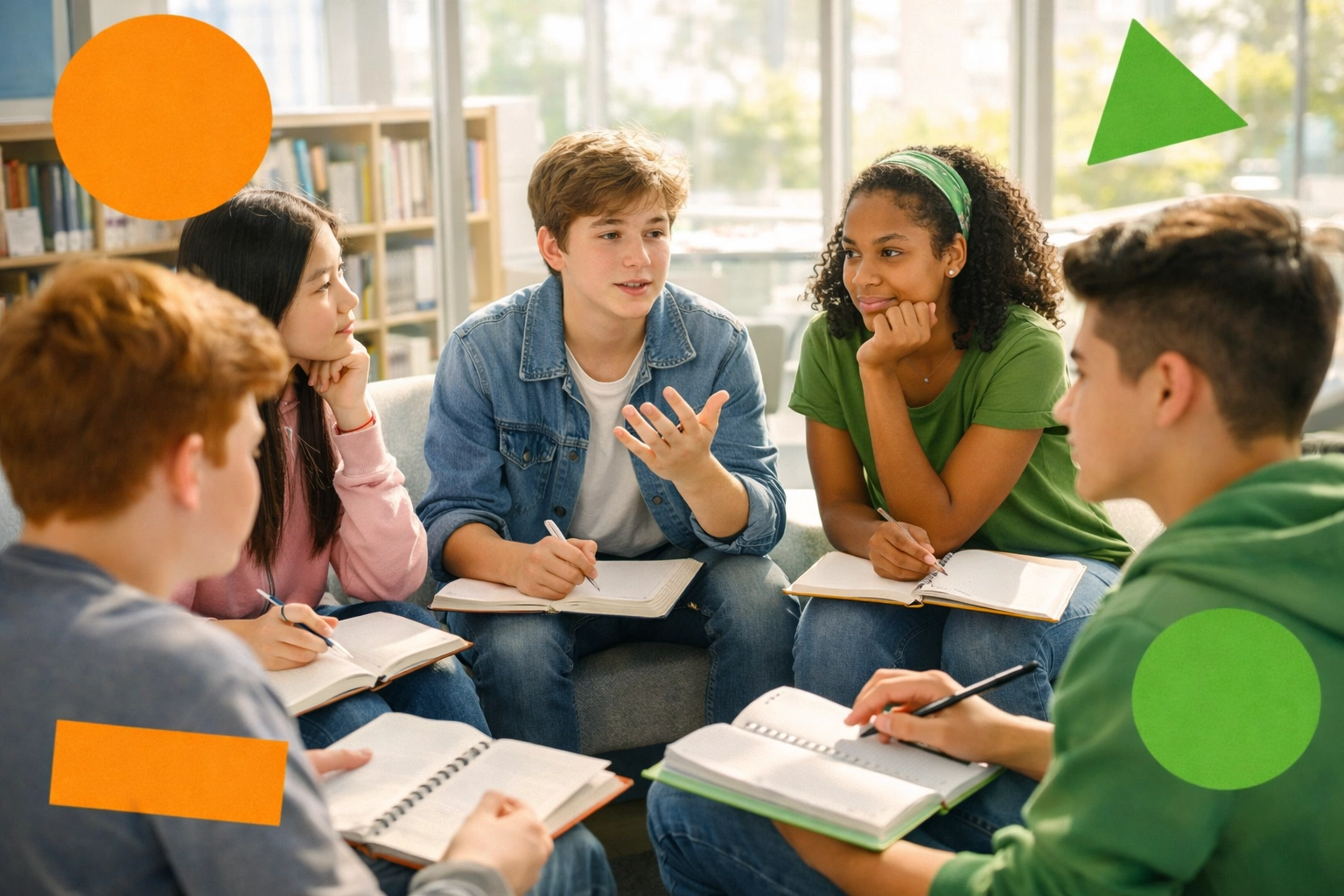 Diverse teens developing critical thinking skills in collaborative study session