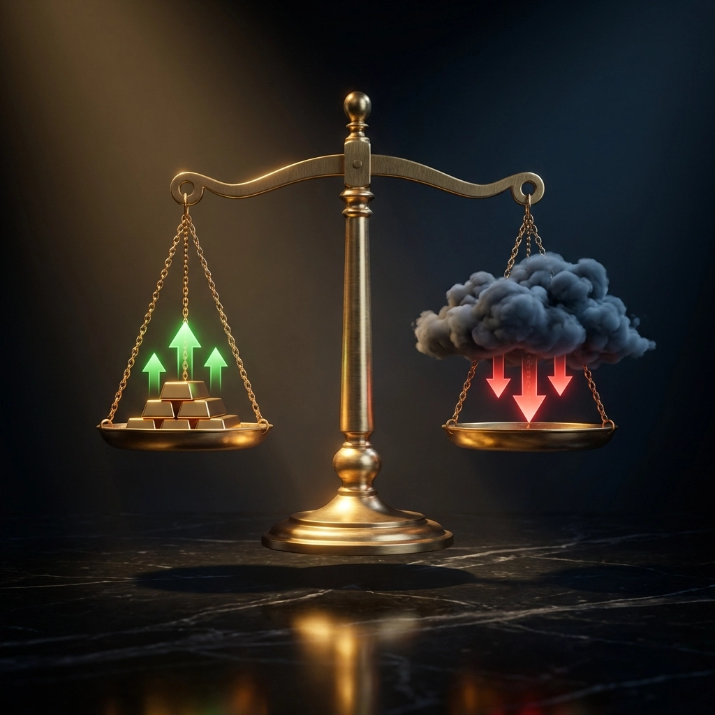 Balanced gold scale showing rising and falling market symbols, representing risk and reward in alternative investment strategies.