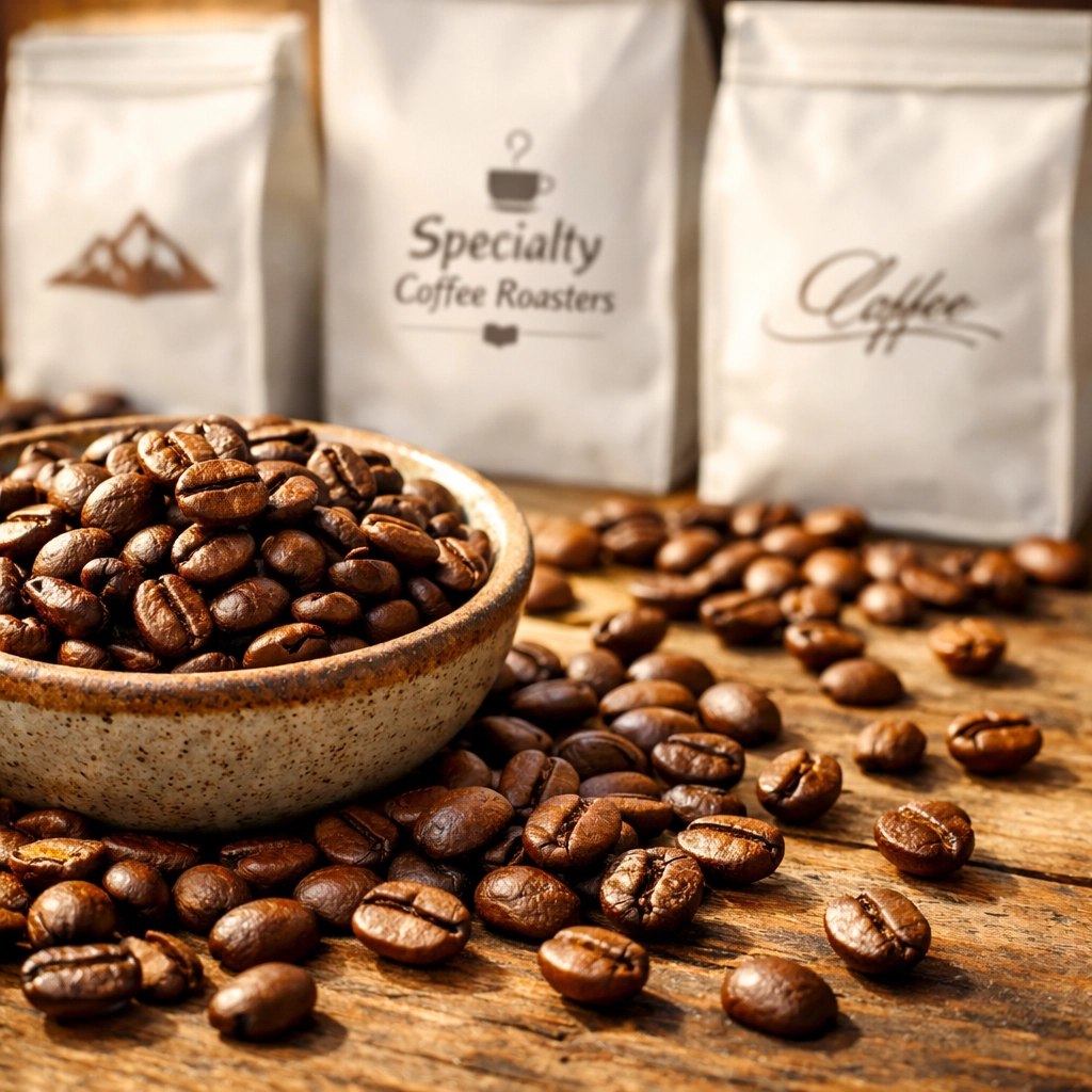 Premium specialty coffee beans with white label packaging for coffee shop branding