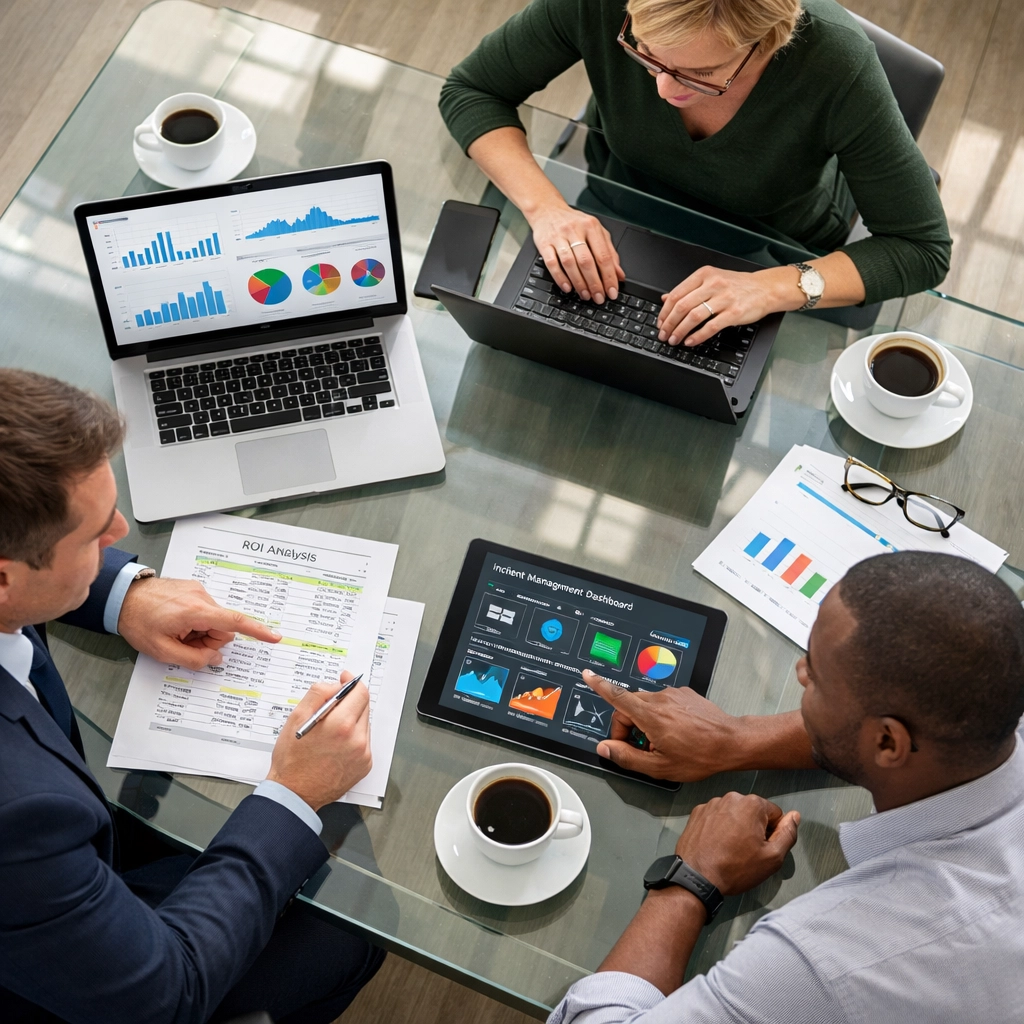 Finance and IT teams collaborating on ServiceNow ITOM ROI analysis and incident management metrics