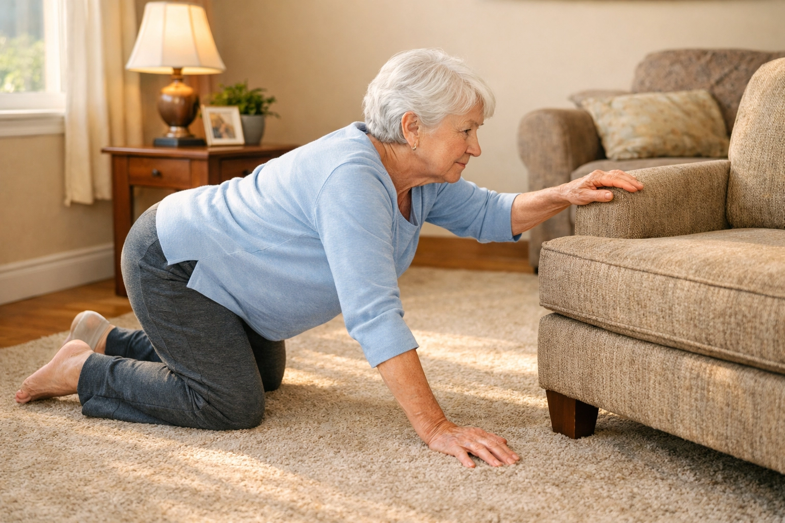 Senior woman crawling toward sturdy chair for support to get up after falling