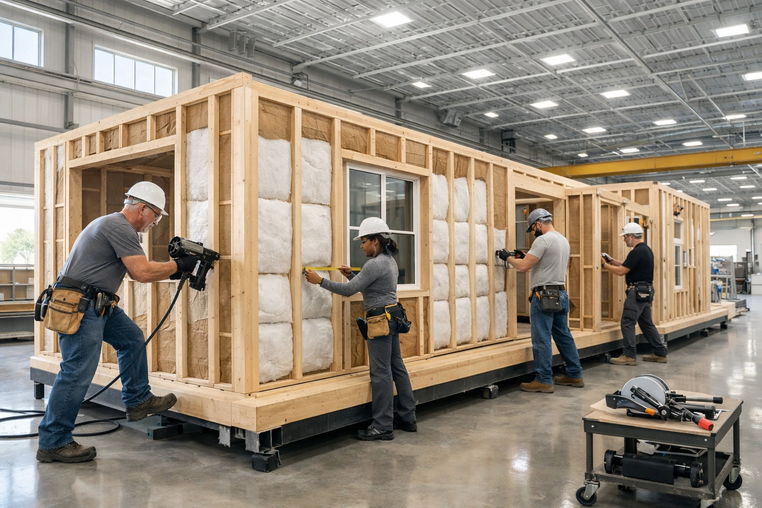 Precision factory assembly of a modern manufactured home ensuring high-quality insulation and energy efficiency.