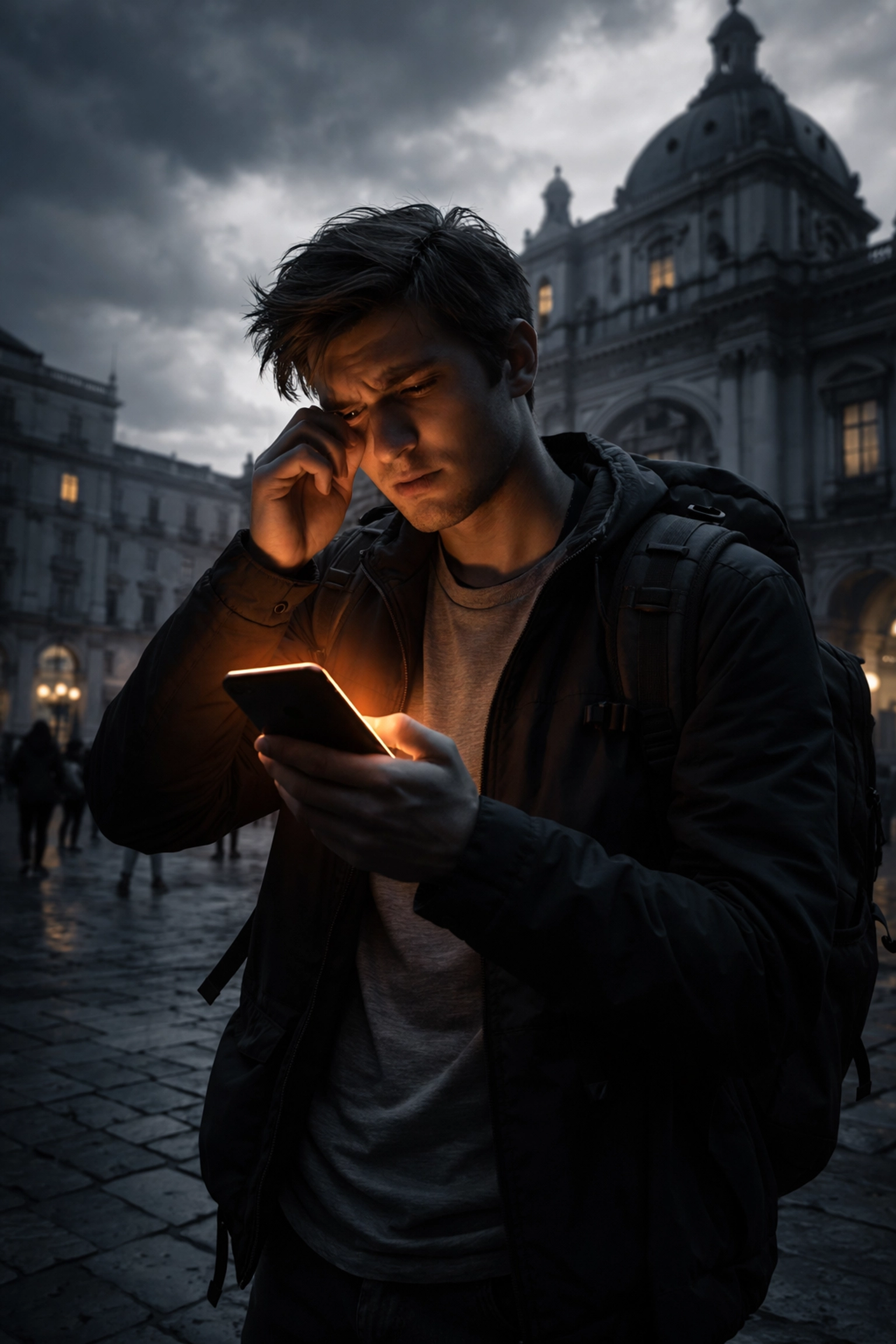 Frustrated tourist using a smartphone to identify a historic building in a busy European plaza, highlighting travel discovery challenges