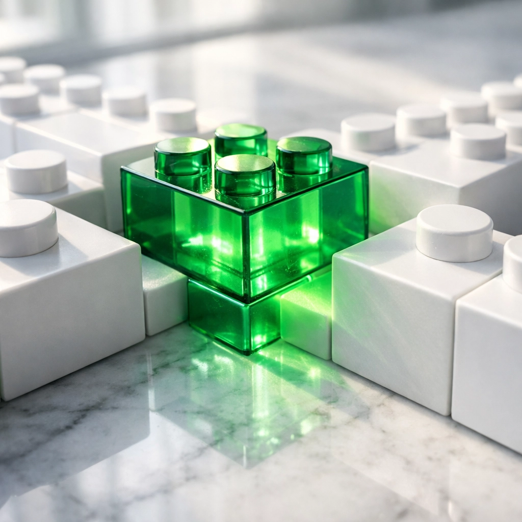 White and green interlocking blocks illustrating a seamless one-stop shop digital infrastructure.