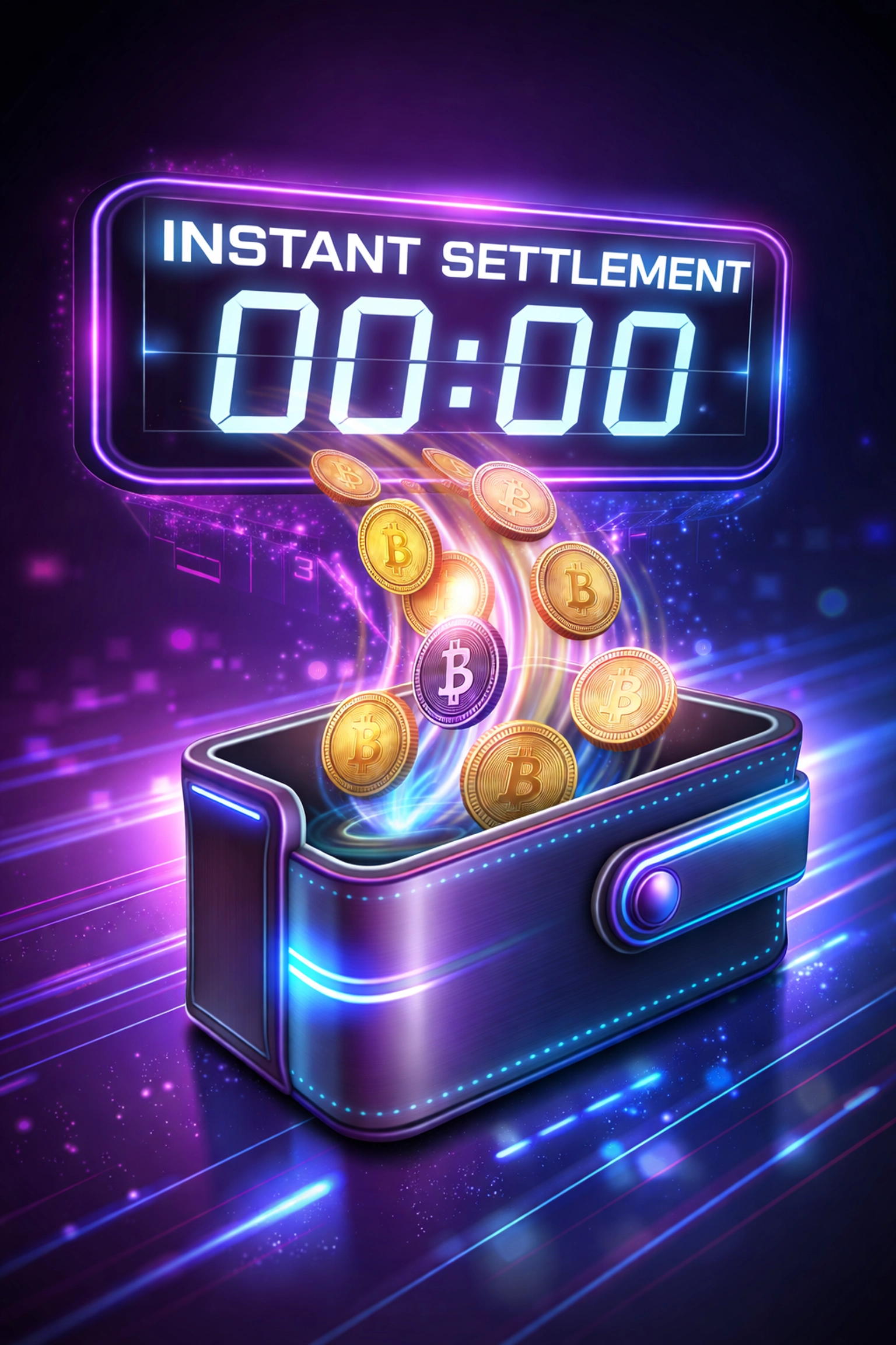 Instant crypto payment settlement with coins moving into a digital wallet, illustrating seamless, self-custody transactions.