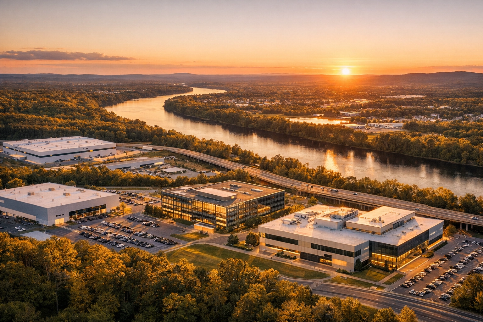 Aerial view of industrial facilities in Connecticut's Aerospace Alley, home to high-end manufacturing companies.