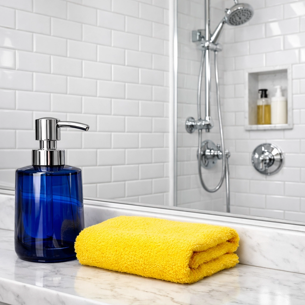Sanitized bathroom with sparkling tiles, a key part of deep cleaning Lowell homes.