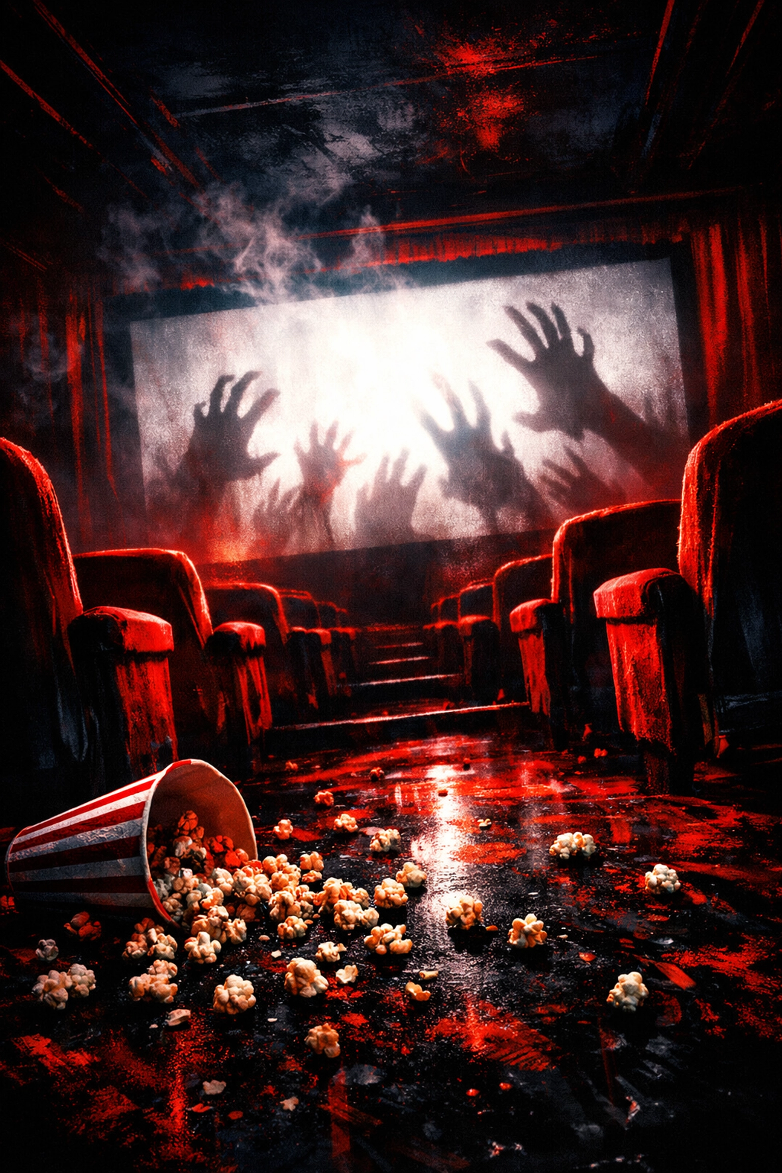Dark movie theater with empty seats illustrating Sam Raimi's horror film Send Help box office success