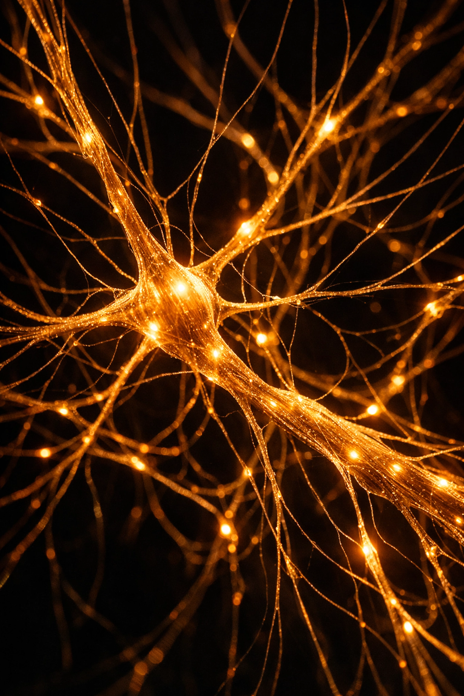 Bioluminescent neural pathways symbolizing the internal rewiring of the nervous system for leadership and high performance.