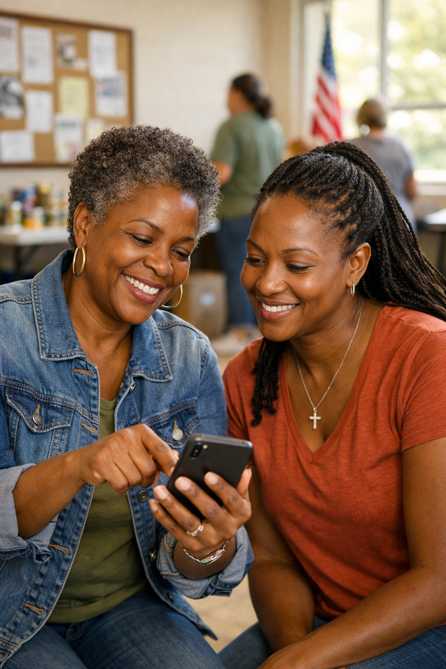 Two Black women in South Jersey sharing emergency food assistance resources on a smartphone.