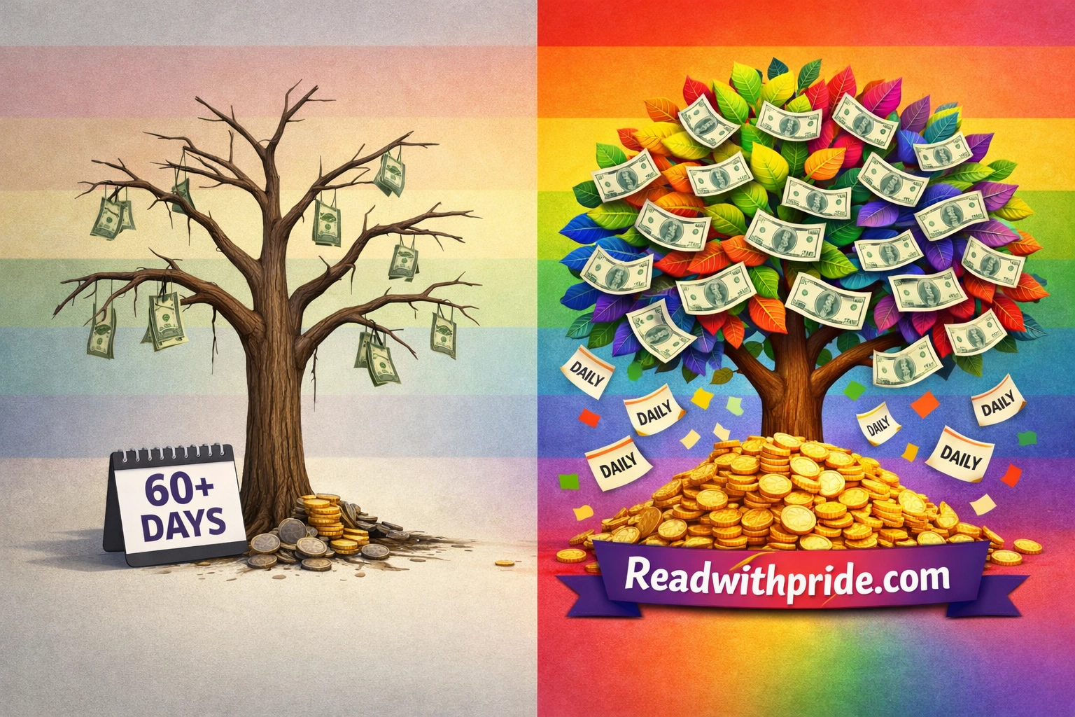 Author royalties comparison: Amazon's delayed payments vs Read with Pride daily earnings