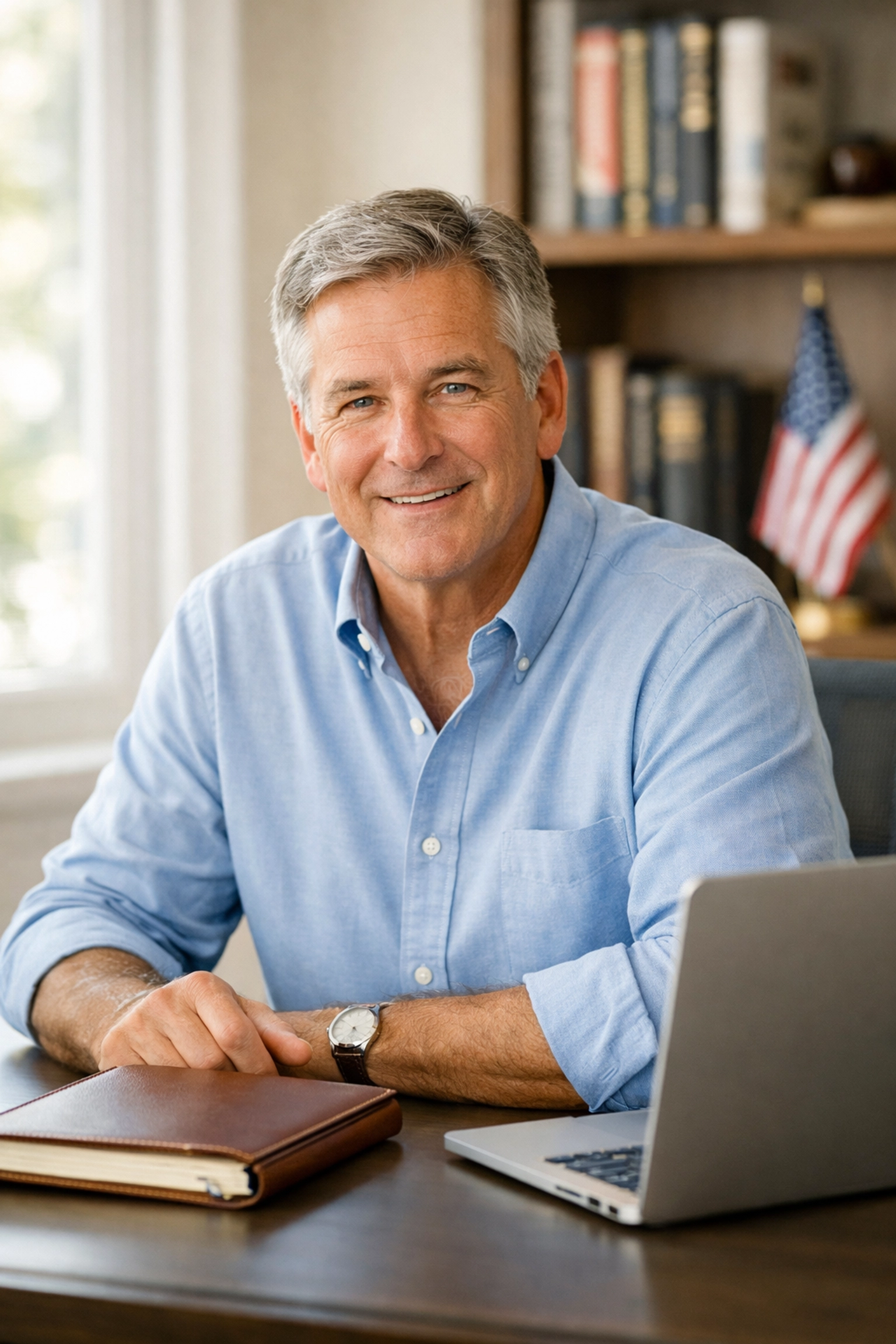 CEO Dan Kost at his desk sharing a personal message about civic leadership and organizational vision.