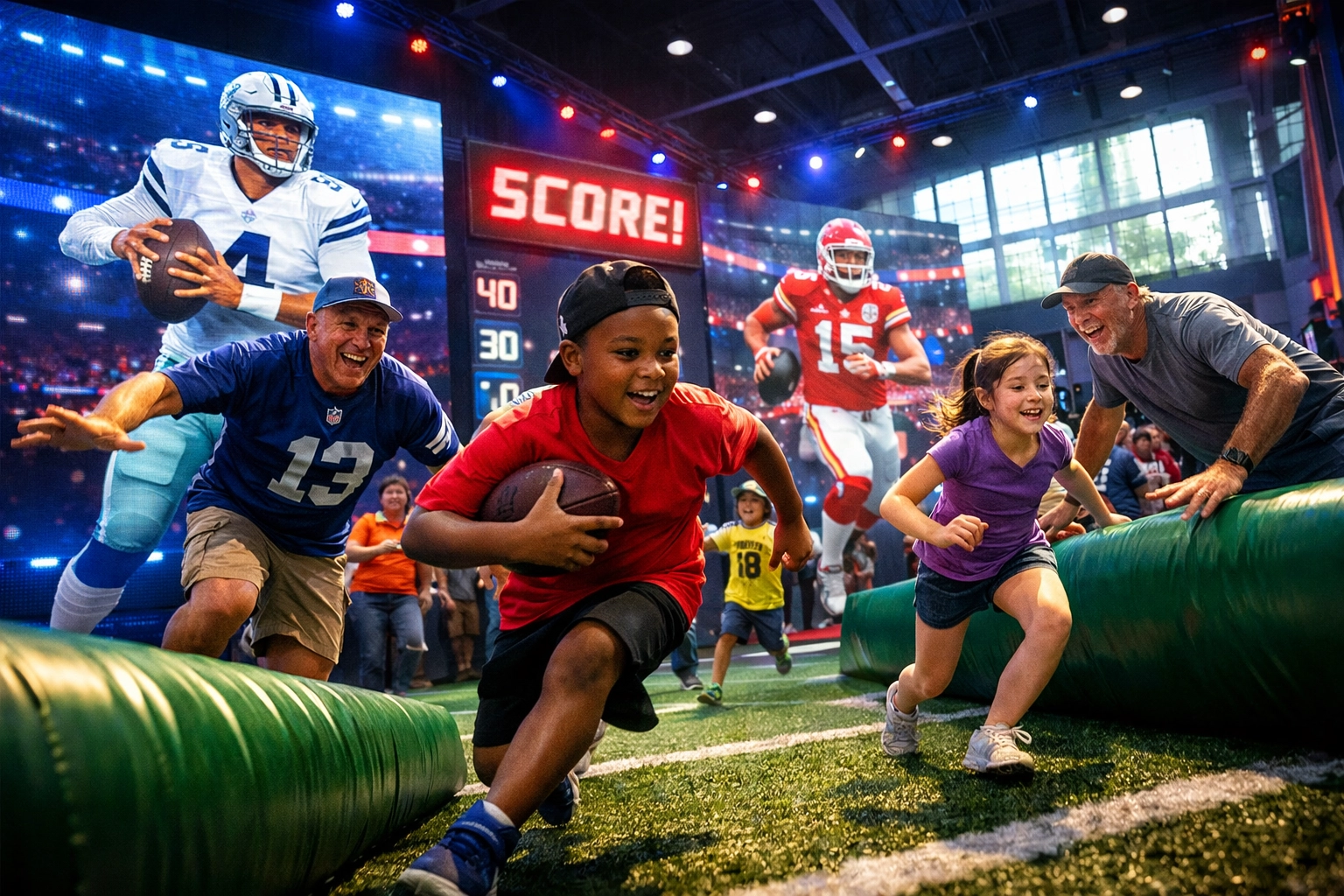 Fans of all ages participating in interactive football skills challenges at Super Bowl 2026 fan experience