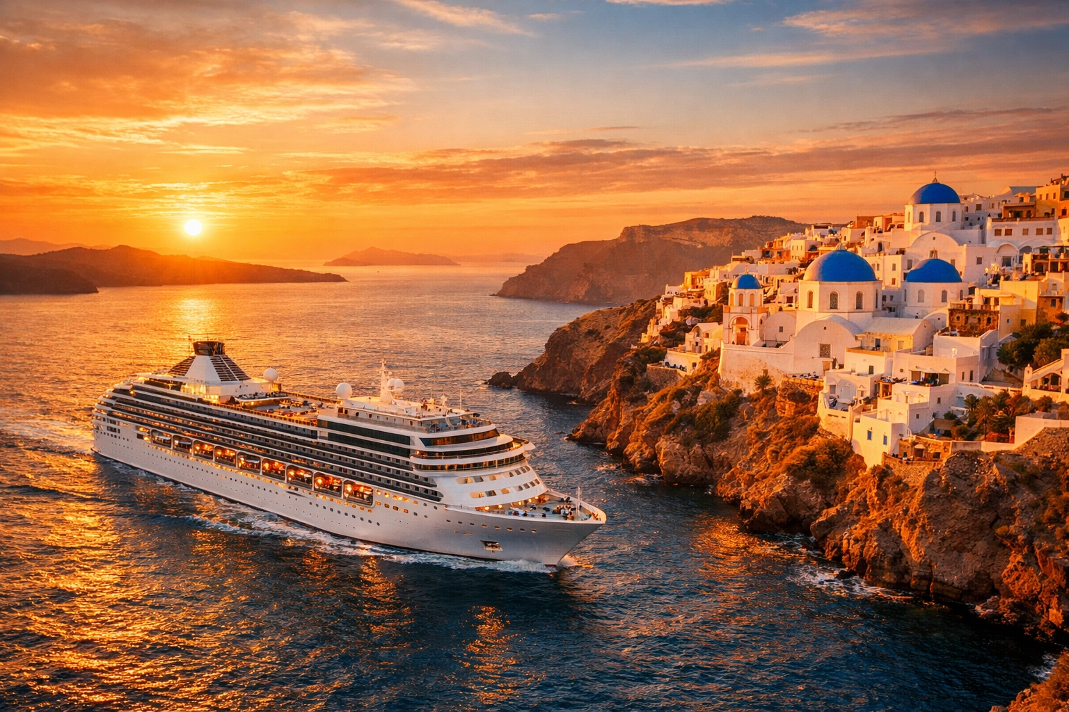 Luxury cruise ship at sunset in Santorini, a high-margin component for a custom travel itinerary.