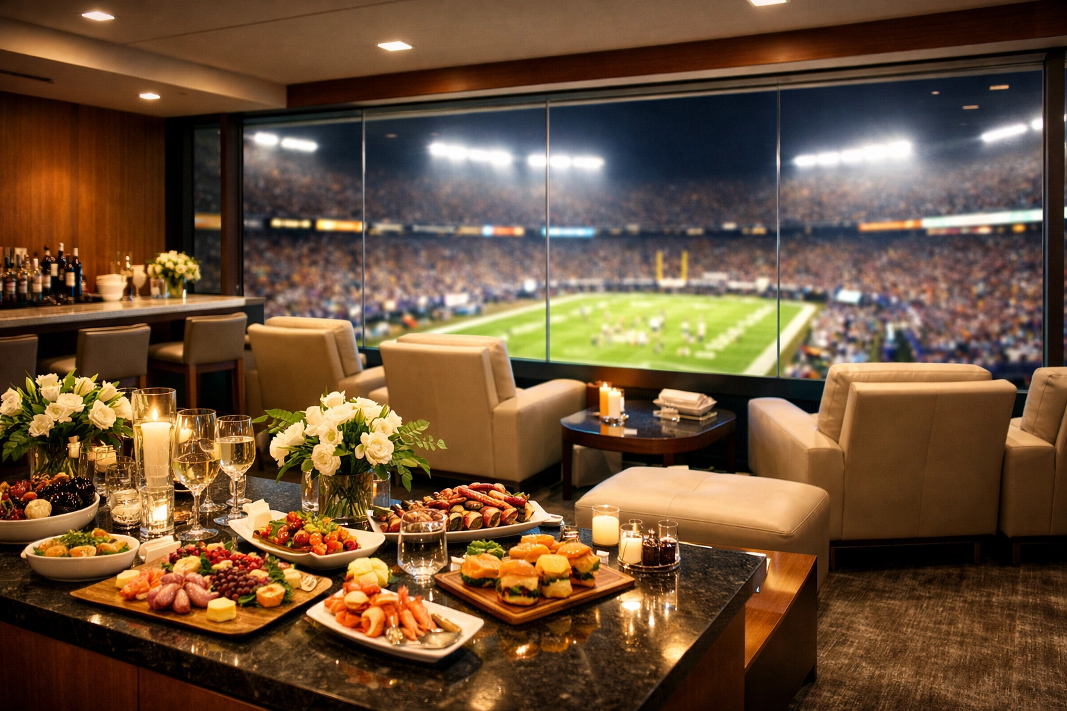 Luxury stadium hospitality suite designed for corporate networking and VIP brand visibility.