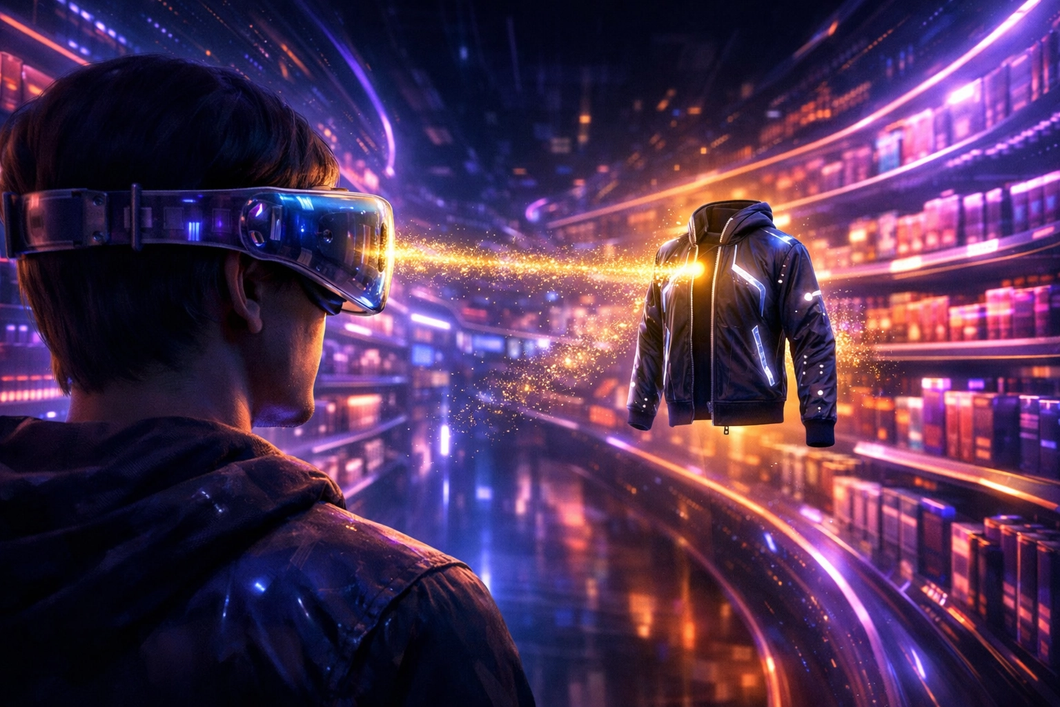 User in VR headset shopping in a smart metaverse store with AI gaze tracking technology.