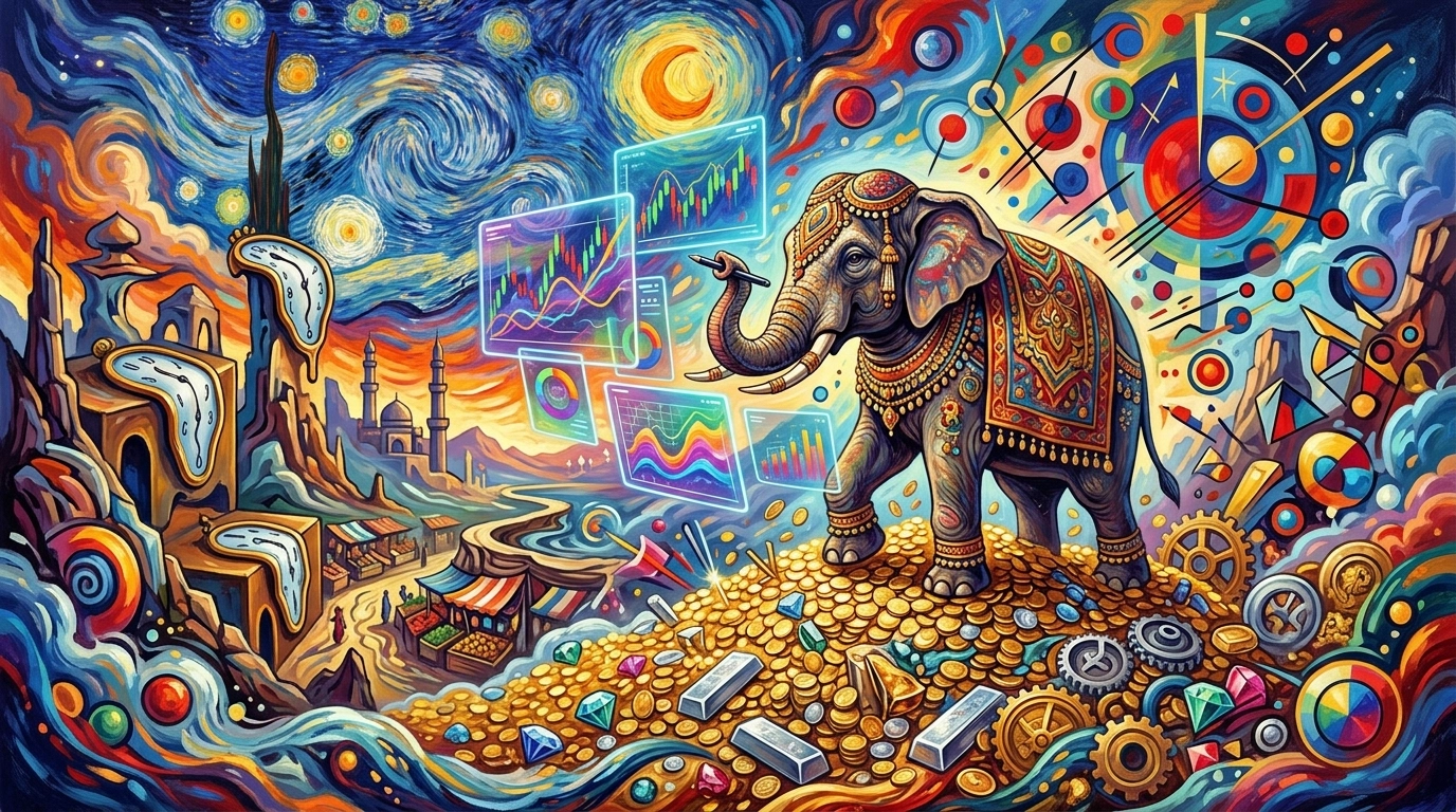 Surreal elephant on coins reviewing market charts