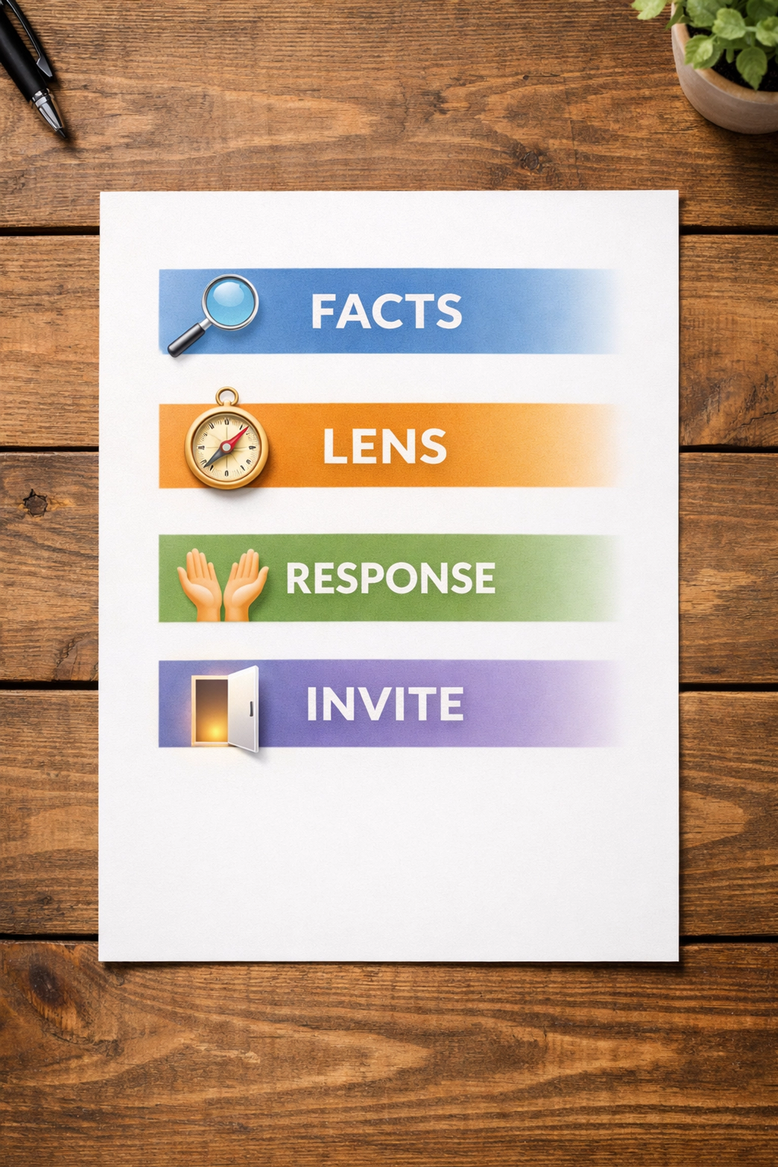 Four-part news brief structure showing Facts, Lens, Response, and Invite sections