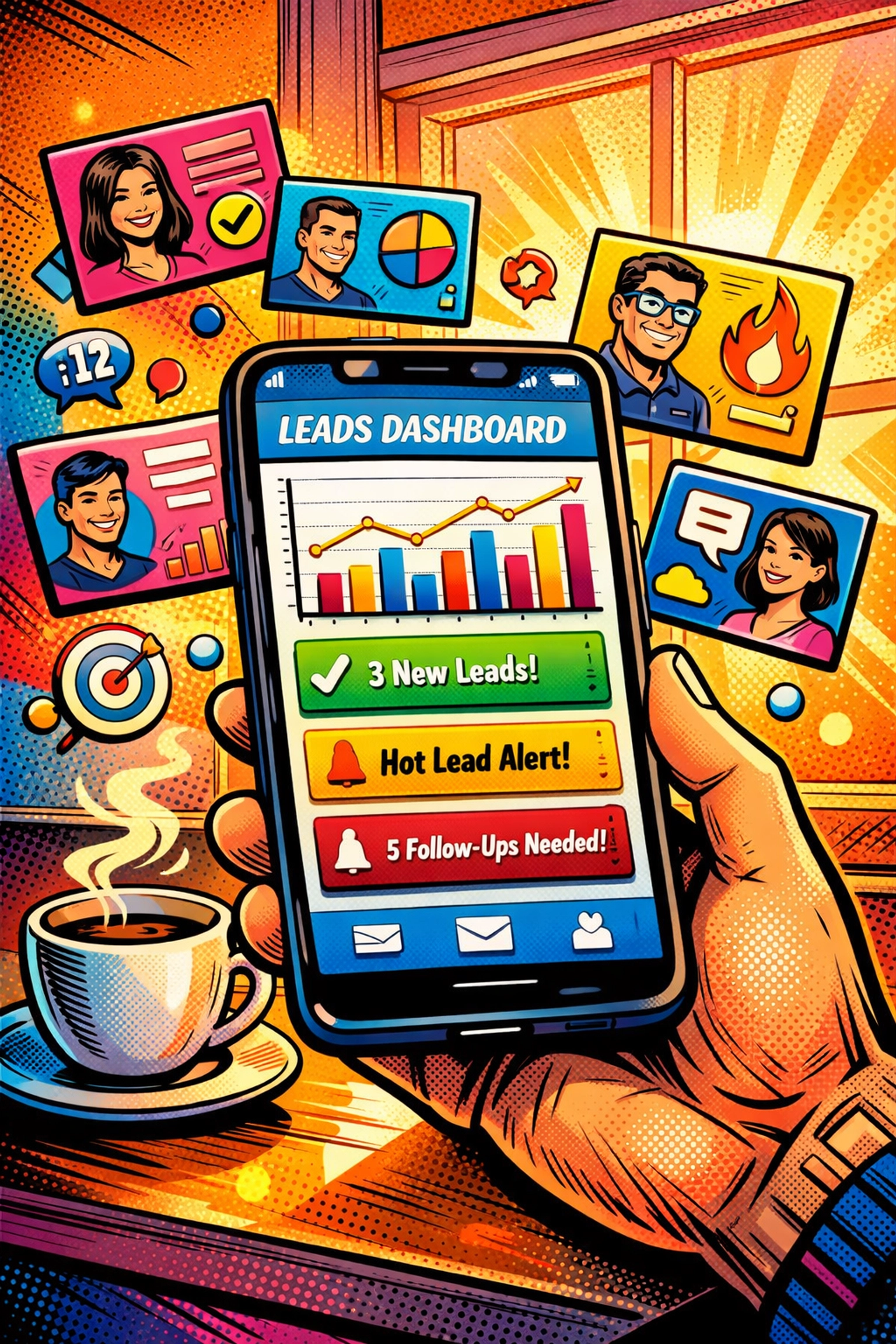 Business owner checking qualified leads on smartphone dashboard generated by AI overnight