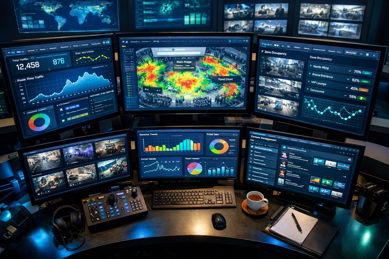 Network operations center with real-time analytics dashboards for smart venue management