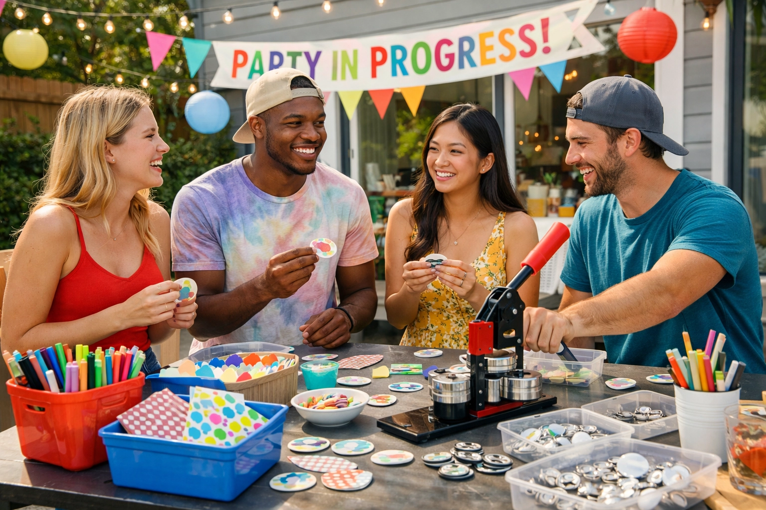 Friends making custom buttons at a mobile DIY craft station for a backyard party in the DMV.
