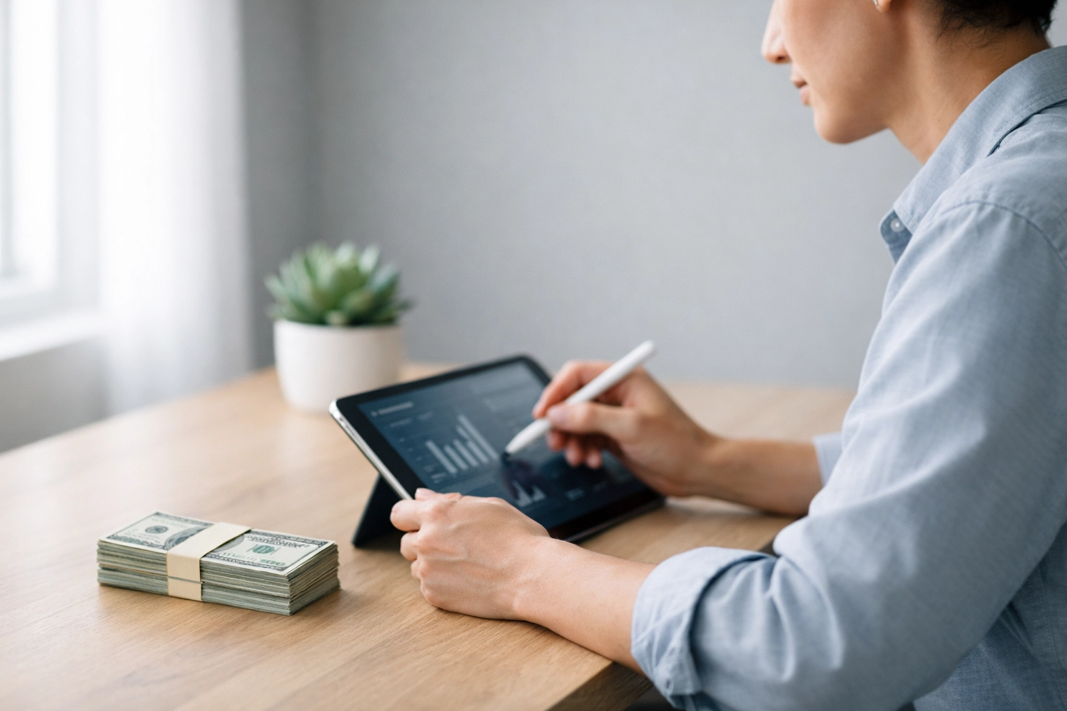 A person at a desk calculating finances for an instant e-transfer loan to bridge the gap.