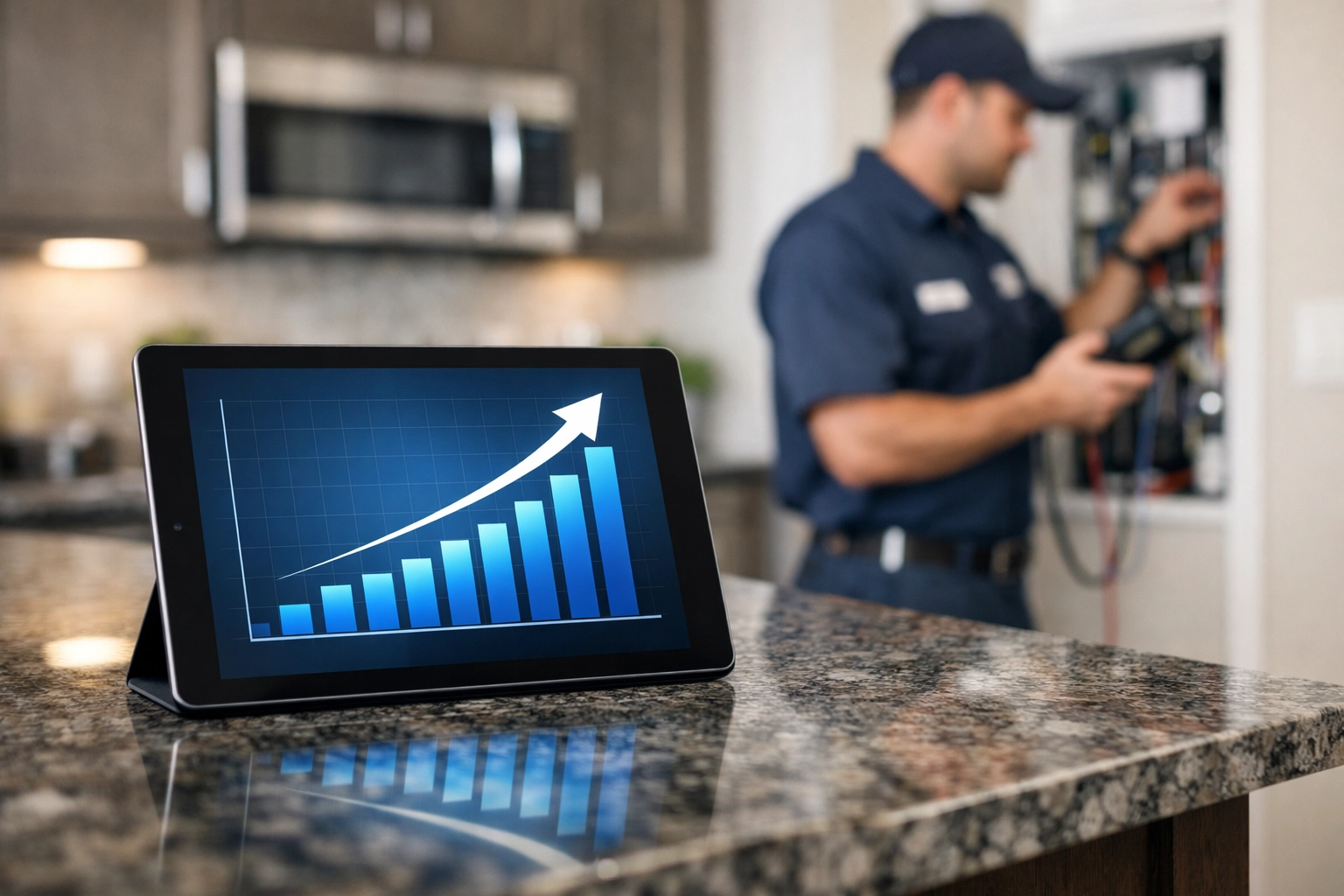 Digital tablet showing growth chart in a home, illustrating a Mississippi home services business valuation.