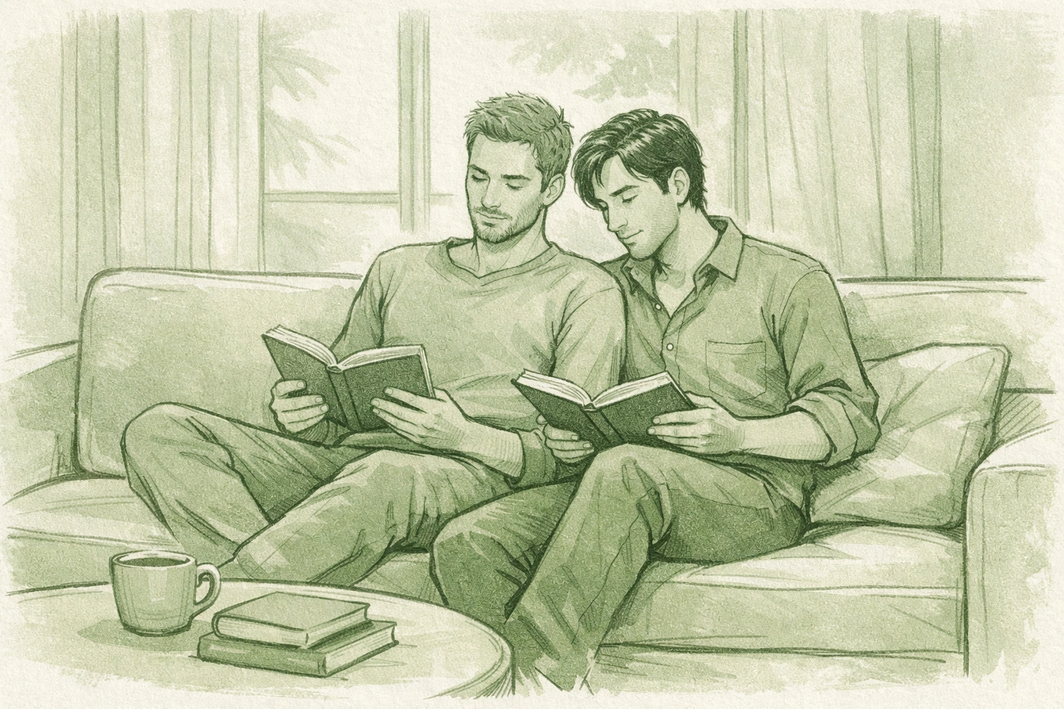Two men reading books together in peaceful silence on minimalist sofa