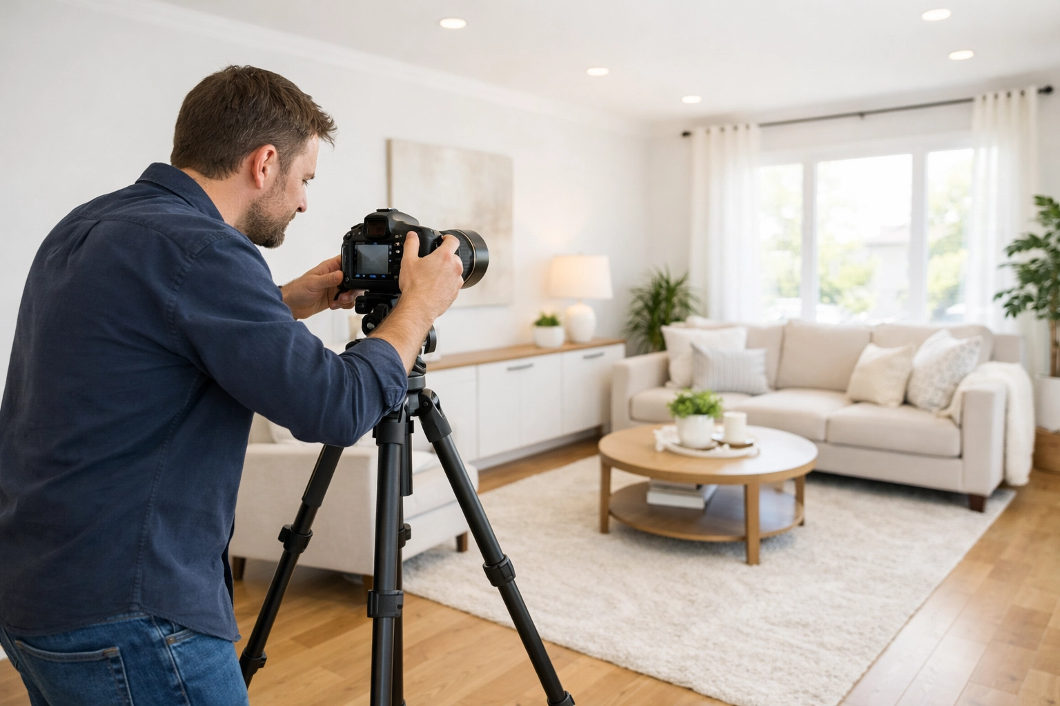 Professional real estate photographer setting up camera in modern living room for property shoot