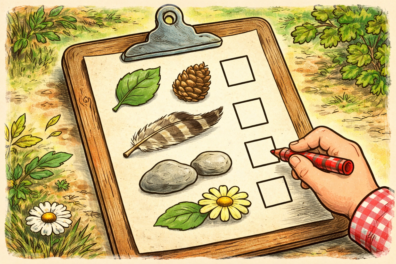 Hand-drawn nature scavenger hunt checklist with illustrations of items kids can find in the wild