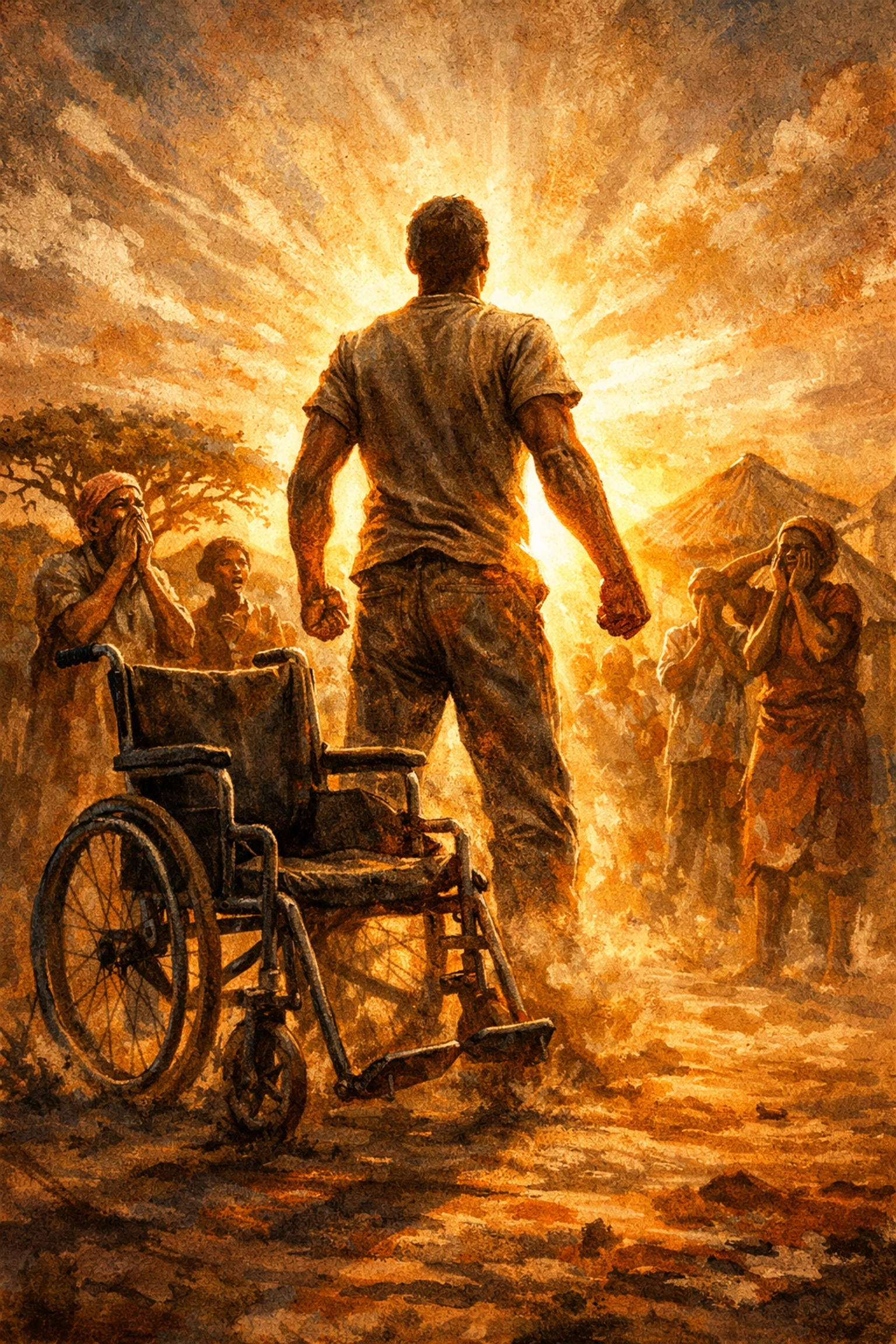مردی که در یک منطقه روستایی از روی صندلی چرخدار بلند می‌شود، نمادی از شفای جسمی معجزه‌آسا از طریق ایمان است.
