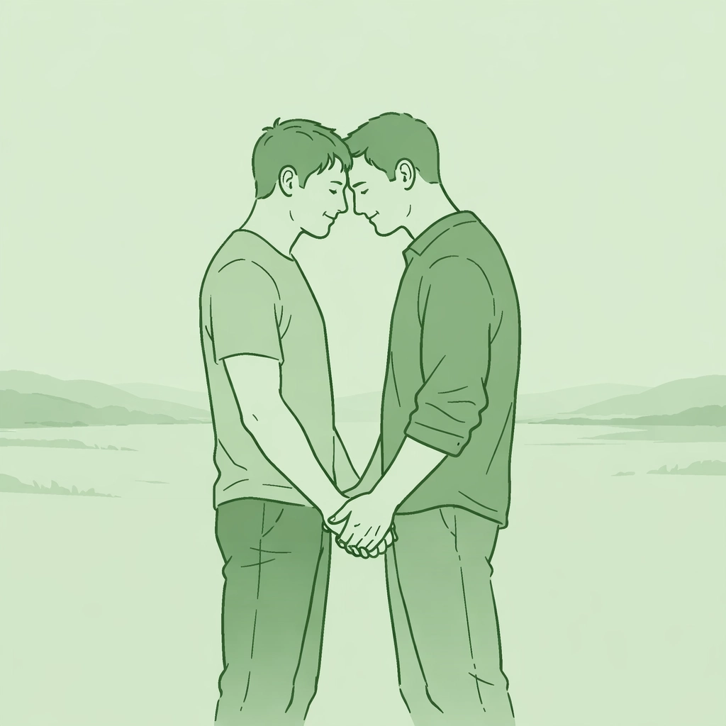 Minimalist illustration of two men showing queer strength and resilience in an open, authentic landscape.