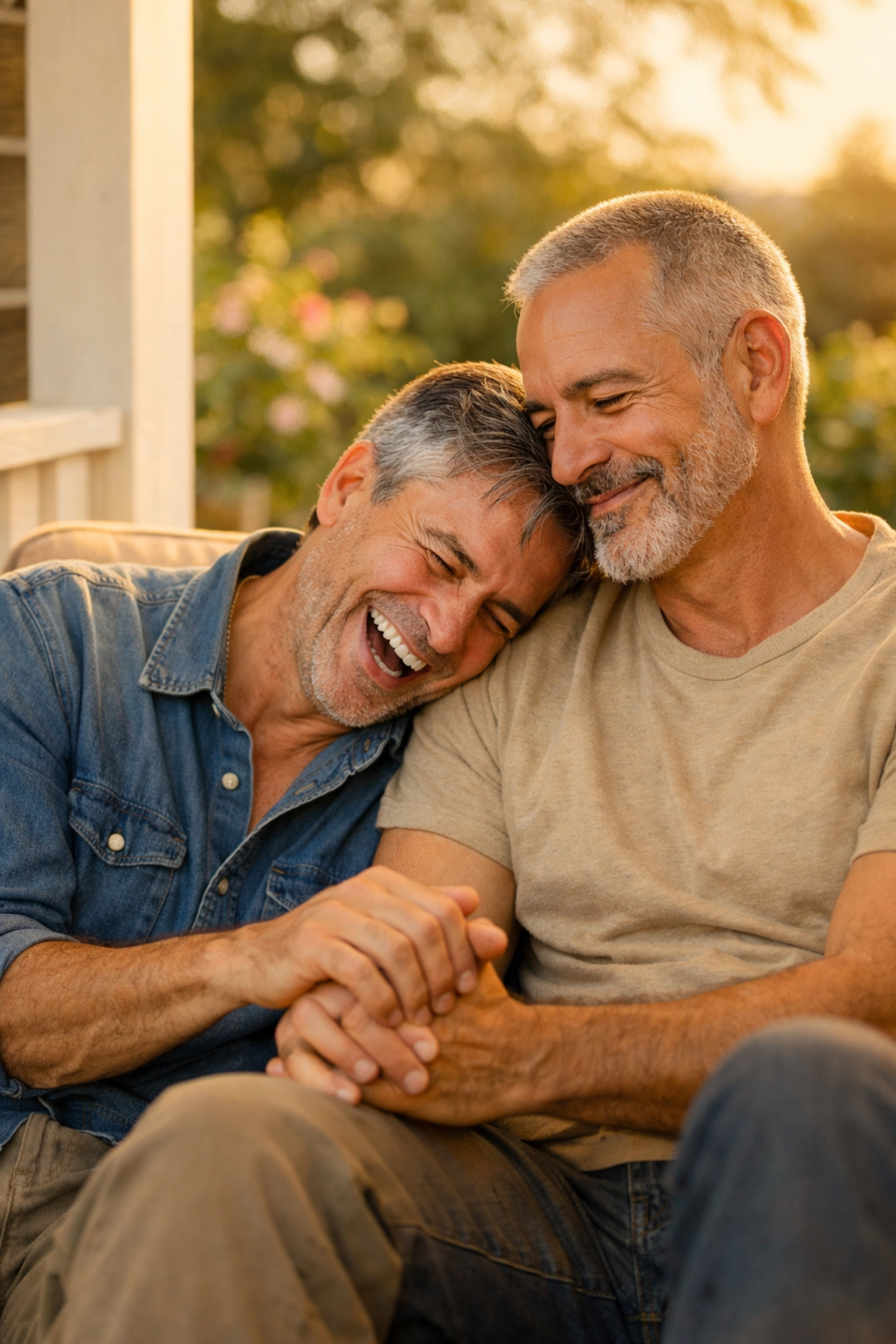 Two older gay men laughing on a sunlit porch, representing queer life milestones and late-blooming joy.