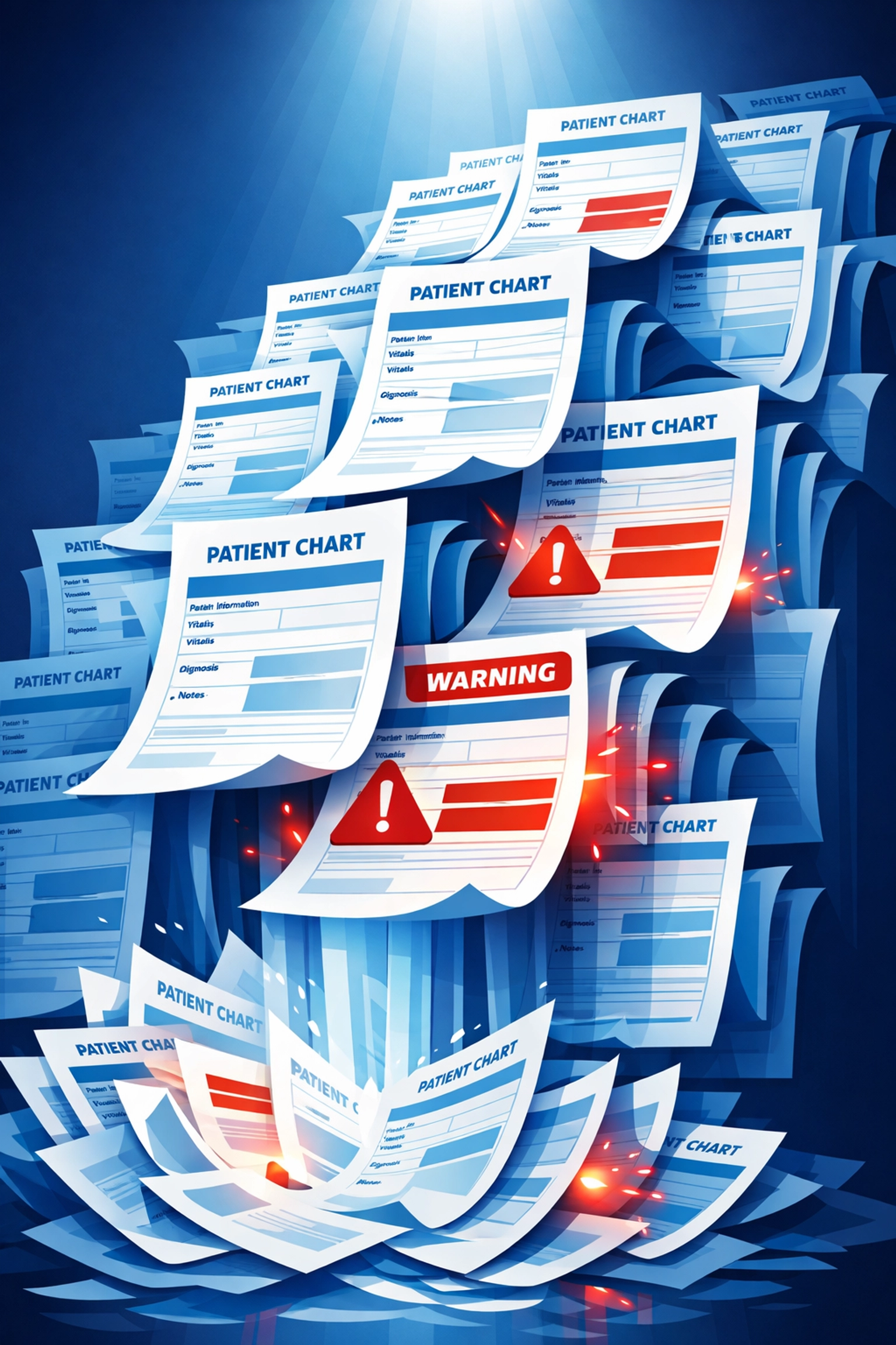 Cascading duplicate patient charts revealing copy-paste medical record documentation patterns