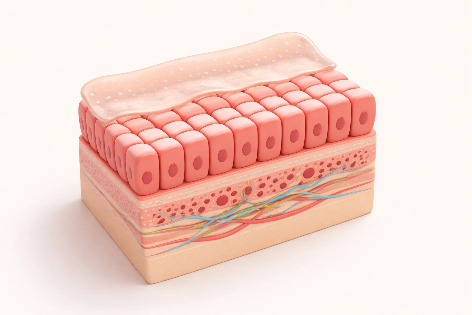 Illustration of a healthy intestinal lining showing colostrum's role in repairing gut barrier and reducing permeability