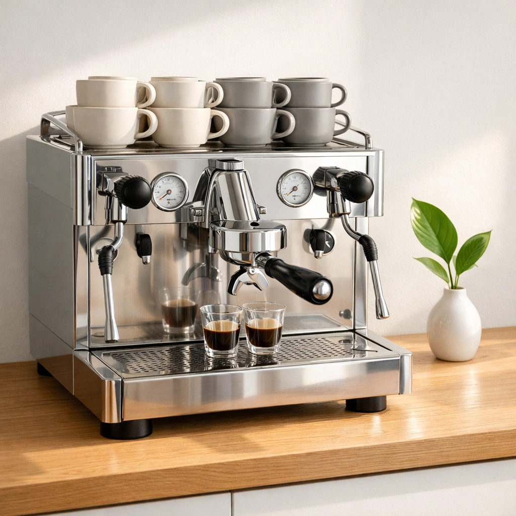 Clean, professional espresso machine on a wooden counter, key equipment for a successful wholesale coffee shop.