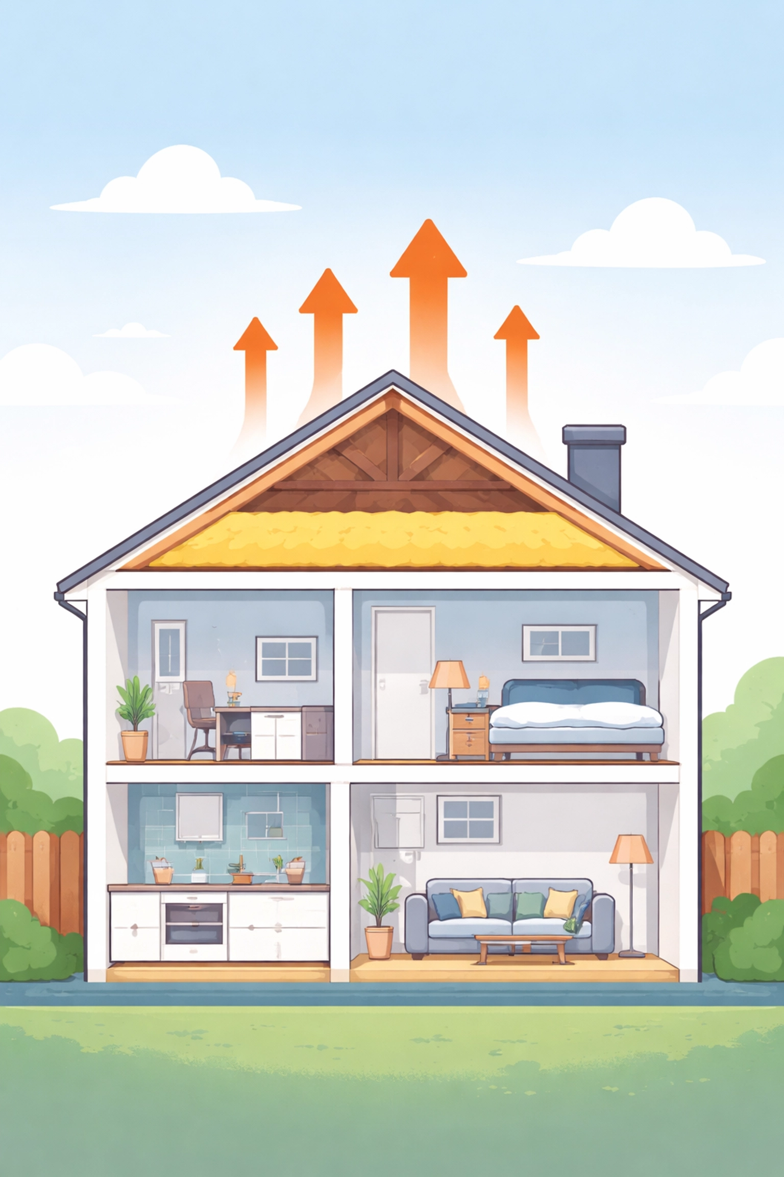 Illustration of a UK home cross-section showing heat escaping through the roof, highlighting the need for loft insulation under Future Homes Standard.