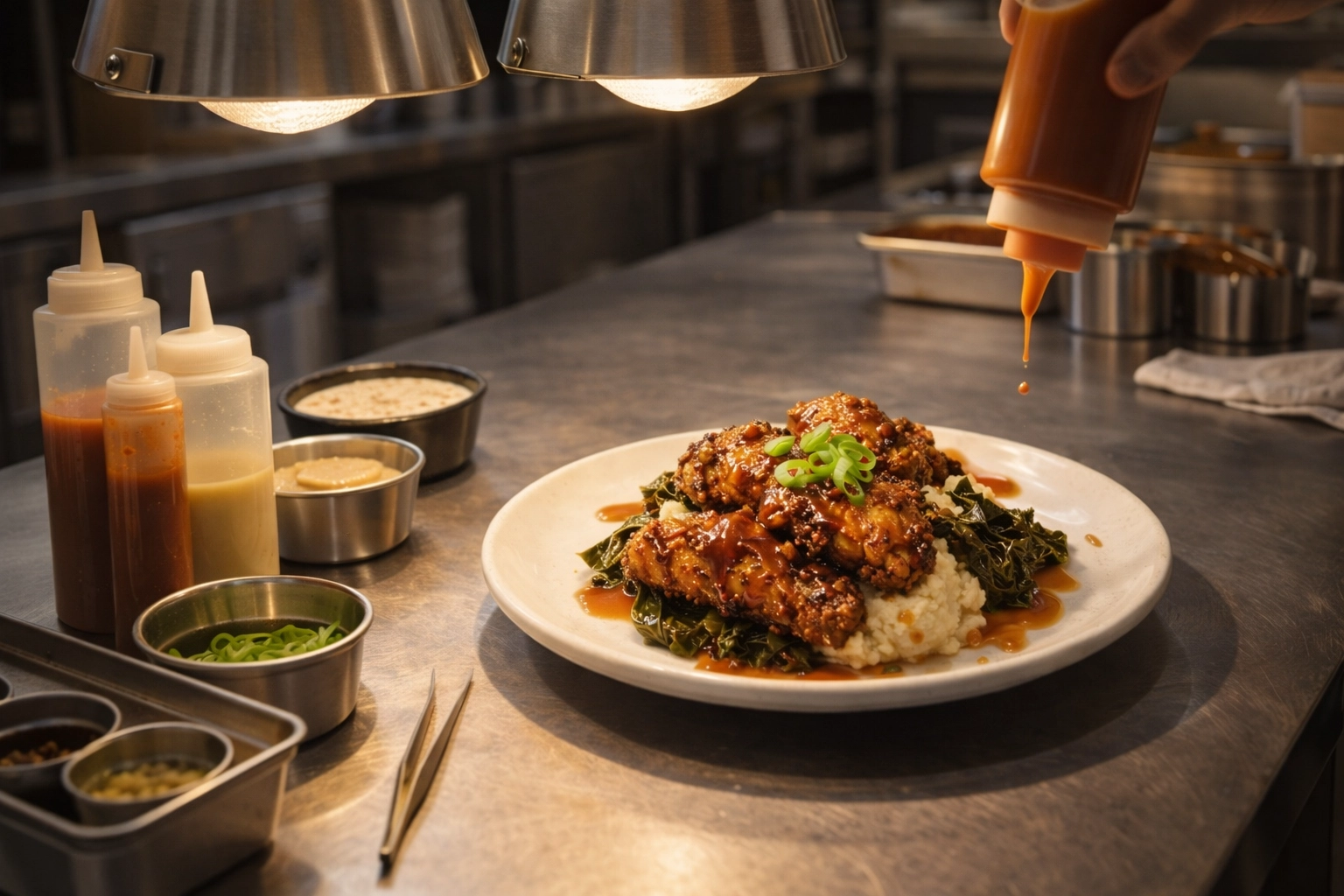 Chef plating Southern comfort food during winter recipe development and testing