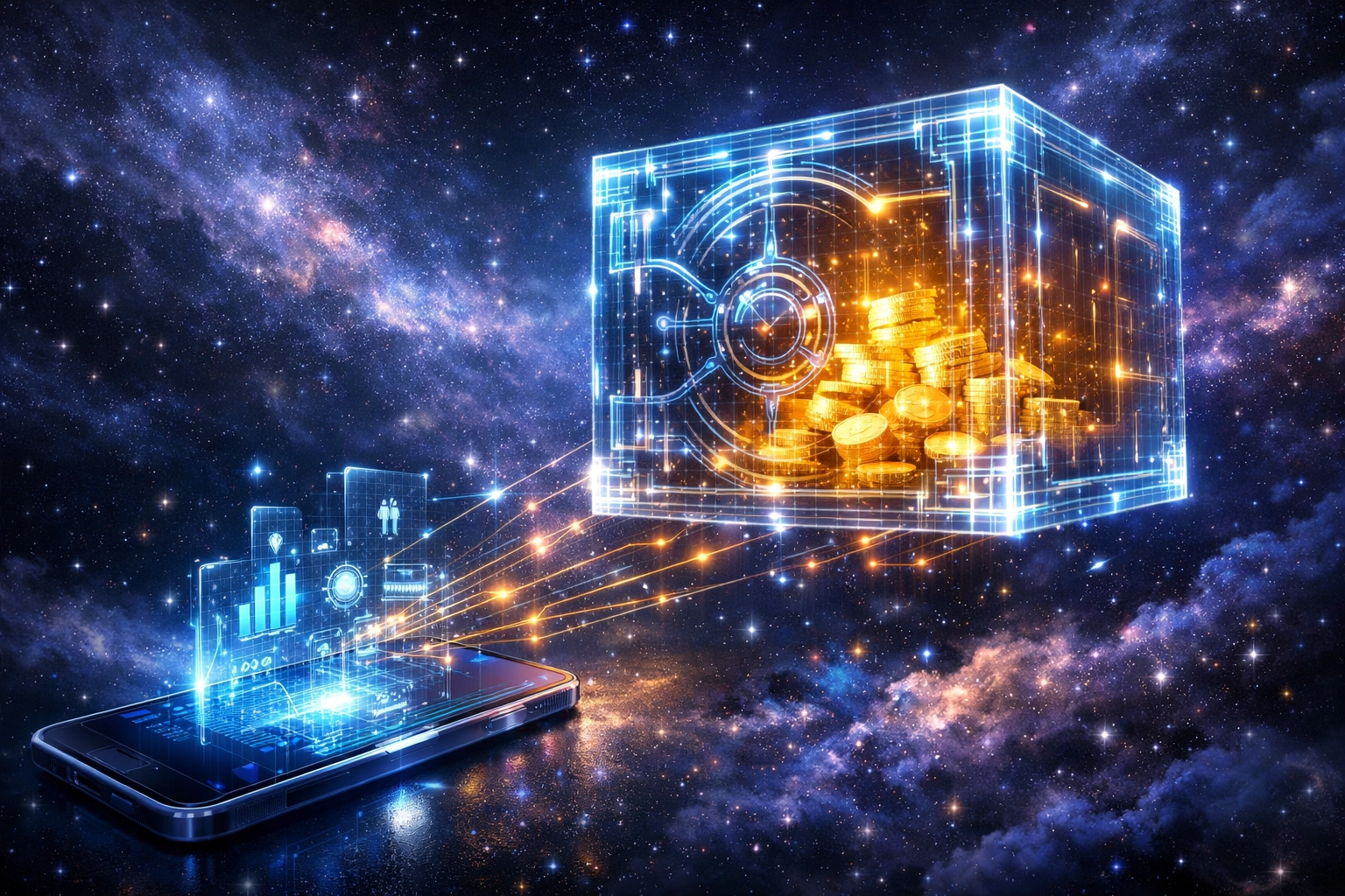 Secure digital vault for Larecoin Smart Wallet showing cryptocurrency self-custody and merchant financial sovereignty.