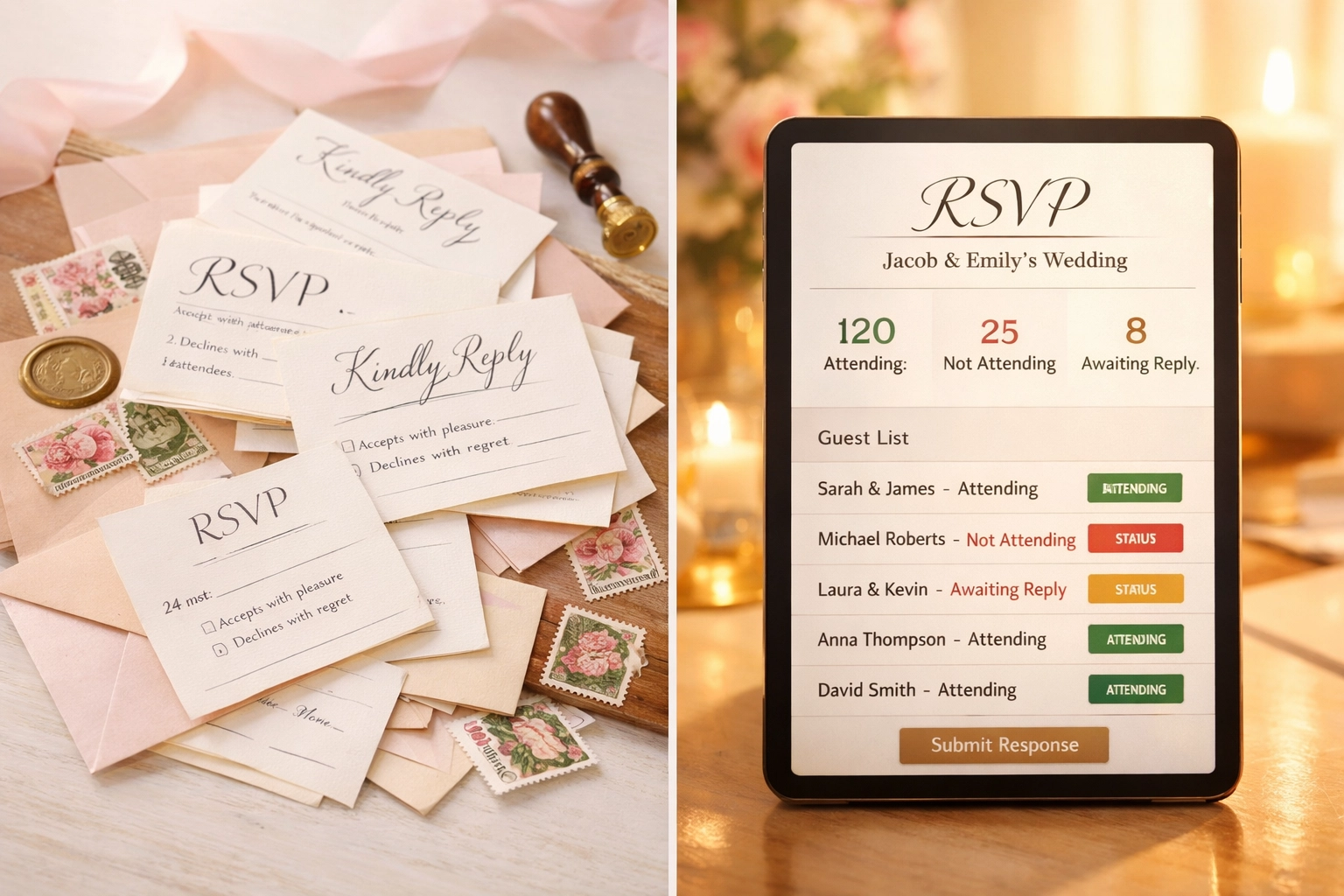 Comparison of messy paper RSVP cards versus organized digital wedding RSVP system on smartphone